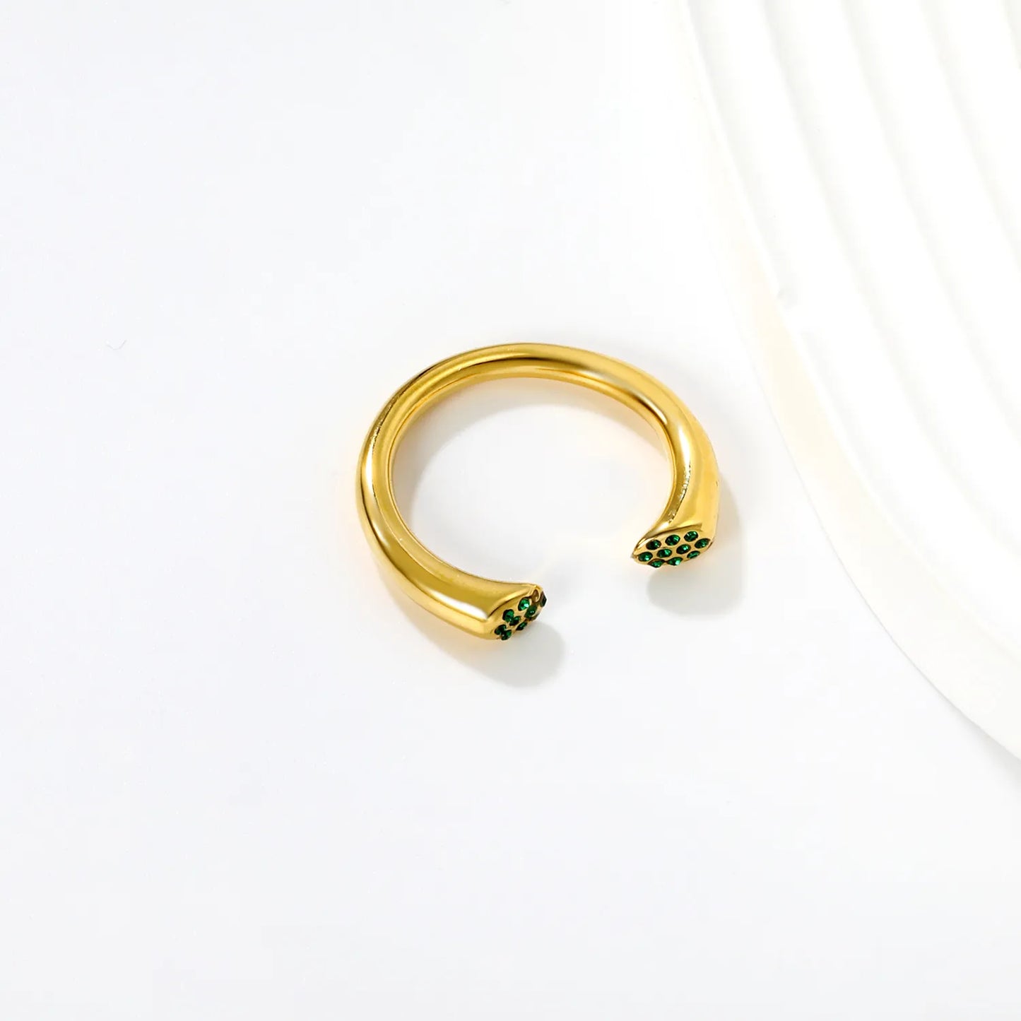 Wholesale Gold Open Cuff Ring Green Rhinestone Minimalist Statement Jewelry| 18K Gold Plated | MOQ 12