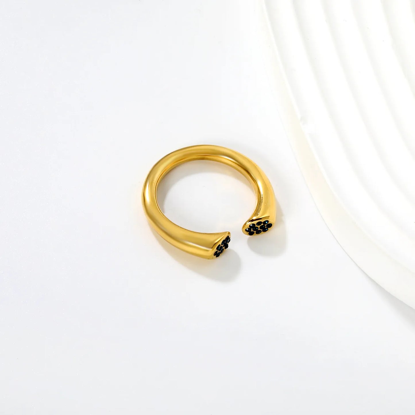 18K Gold Plated Wholesale Gold Open Cuff Ring with Blue Rhinestone | MOQ 12