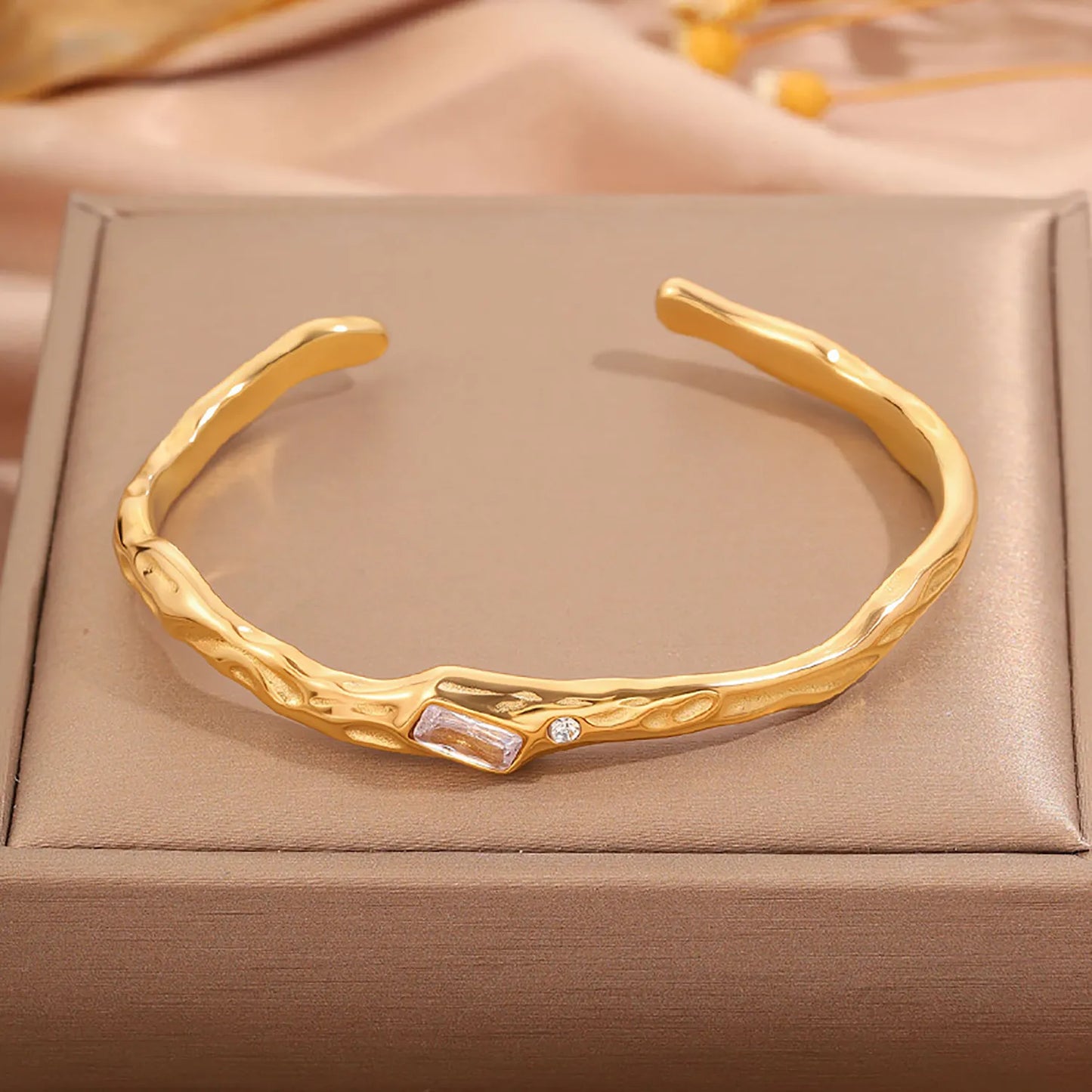 Irregular Hammered Texture Rectangle Zircon Open Cuff Bangle | 18K Gold Plated Hypoallergenic Stainless Steel | Wholesale Bulk Order MOQ 12