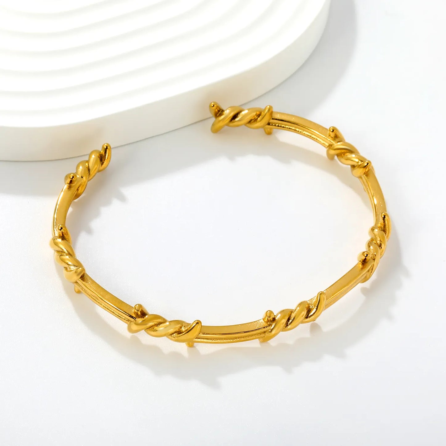 Barbed Wire Open Cuff Bangle | 18K Gold Plated Hypoallergenic Stainless Steel | Edgy Gothic Statement Open Bracelet Wholesale Bulk Supply