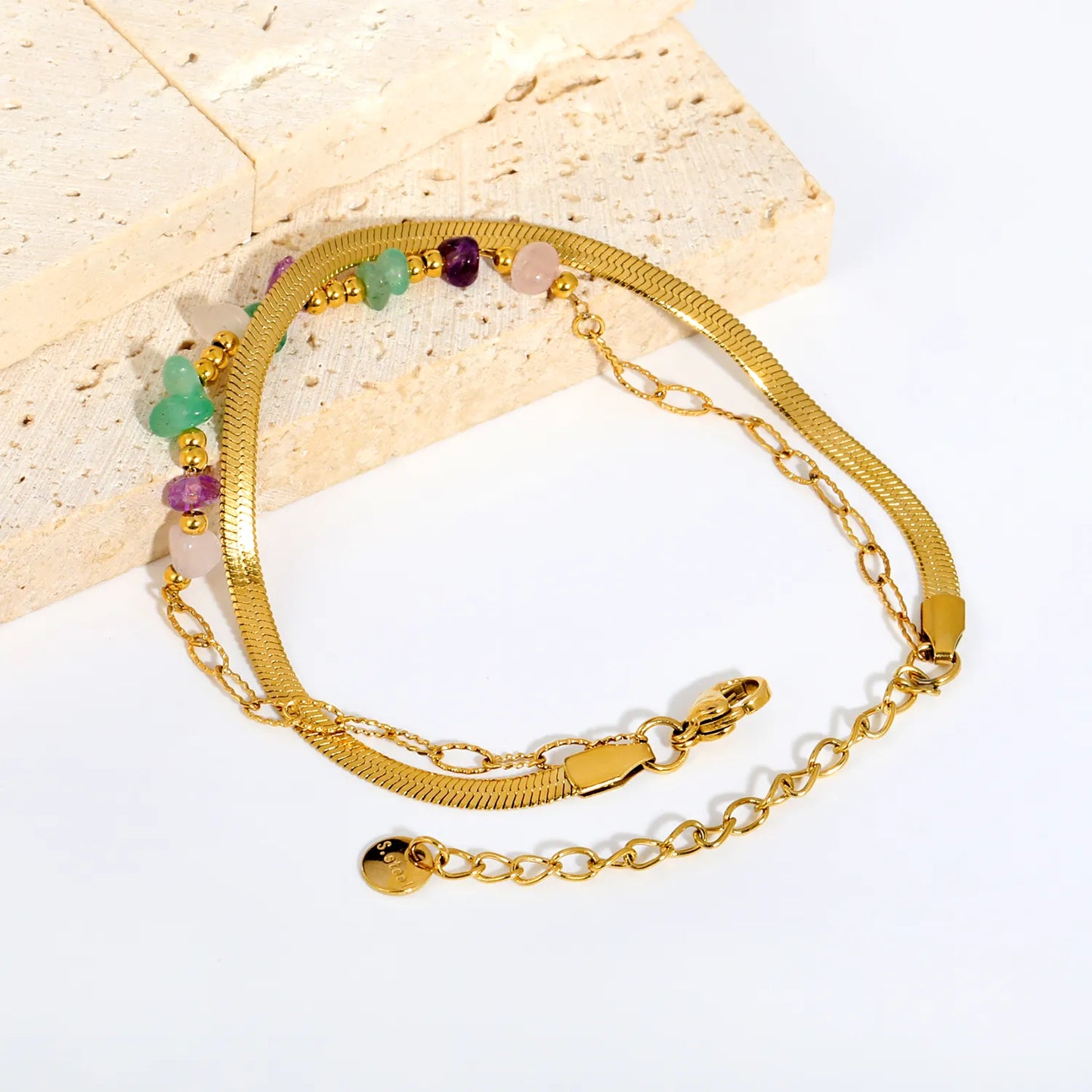 Boho Colorful Dual Layer Flat Snake Chain Natural Crystal Chip Bead Bracelet | 18K Gold Plated Hypoallergenic Stainless Steel
