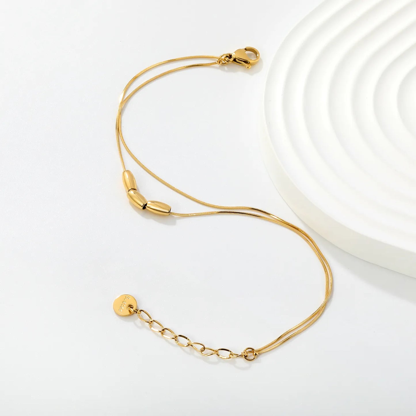 Minimalist Double Thin Snake Chain Three Oval Bead Bracelet with Adjustable Extension Chain | Ultra-Light Daily Stackable Bracelet Wholesale Bulk Supply