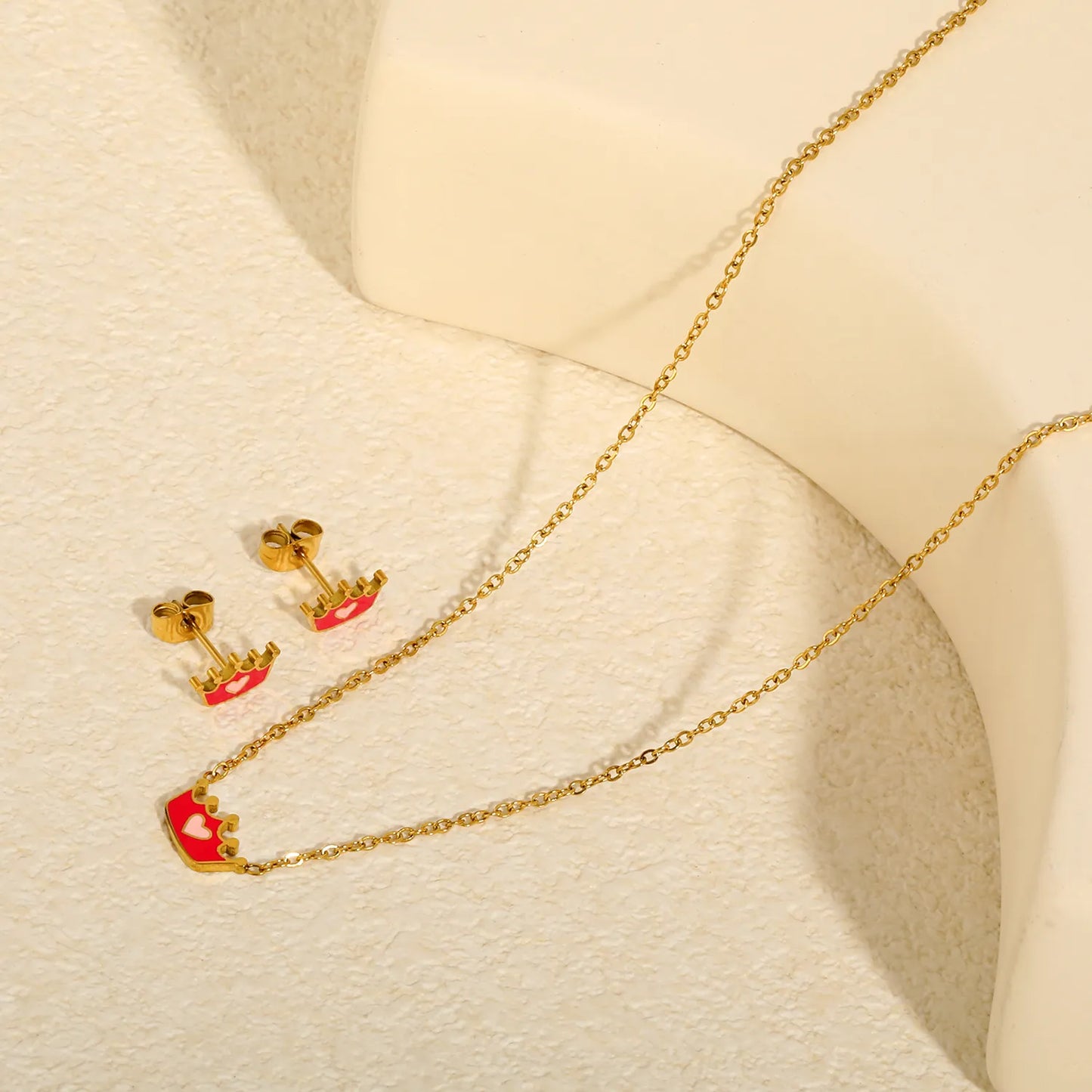 Two-Tone Pink Enamel Heart Crown Jewelry Set Necklace & Stud Earrings | Kids Princess Matching Accessory Kit