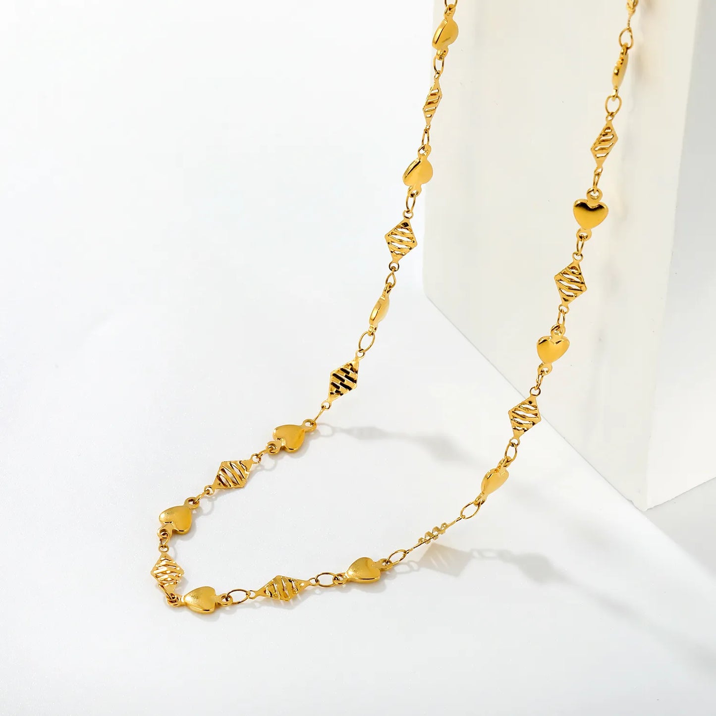 Mixed Heart & Textured Rhombus Station Chain Adjustable Necklace | Sweet Romantic Minimalist Daily Layering Jewelry | Wholesale MOQ 12
