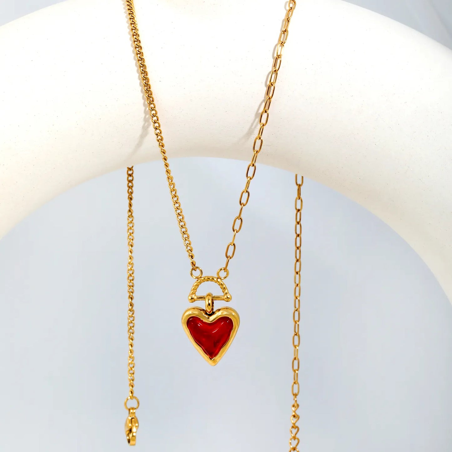 Two-Tone Mixed Chain Red Resin Heart Toggle Pendant Necklace | Romantic Love Daily Jewelry Wholesale MOQ 12
