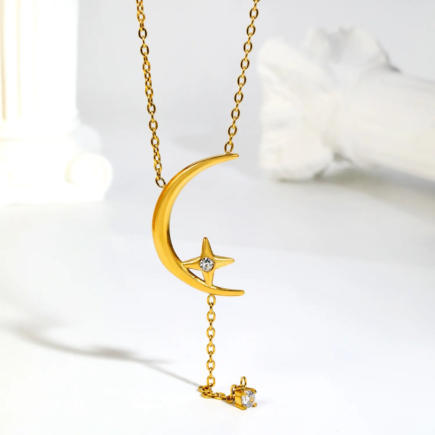 Crescent Moon Star Y Drop Crystal Lariat Rolo Chain Necklace | Adjustable Extension Chain | 18K Gold Plated Hypoallergenic Stainless Steel