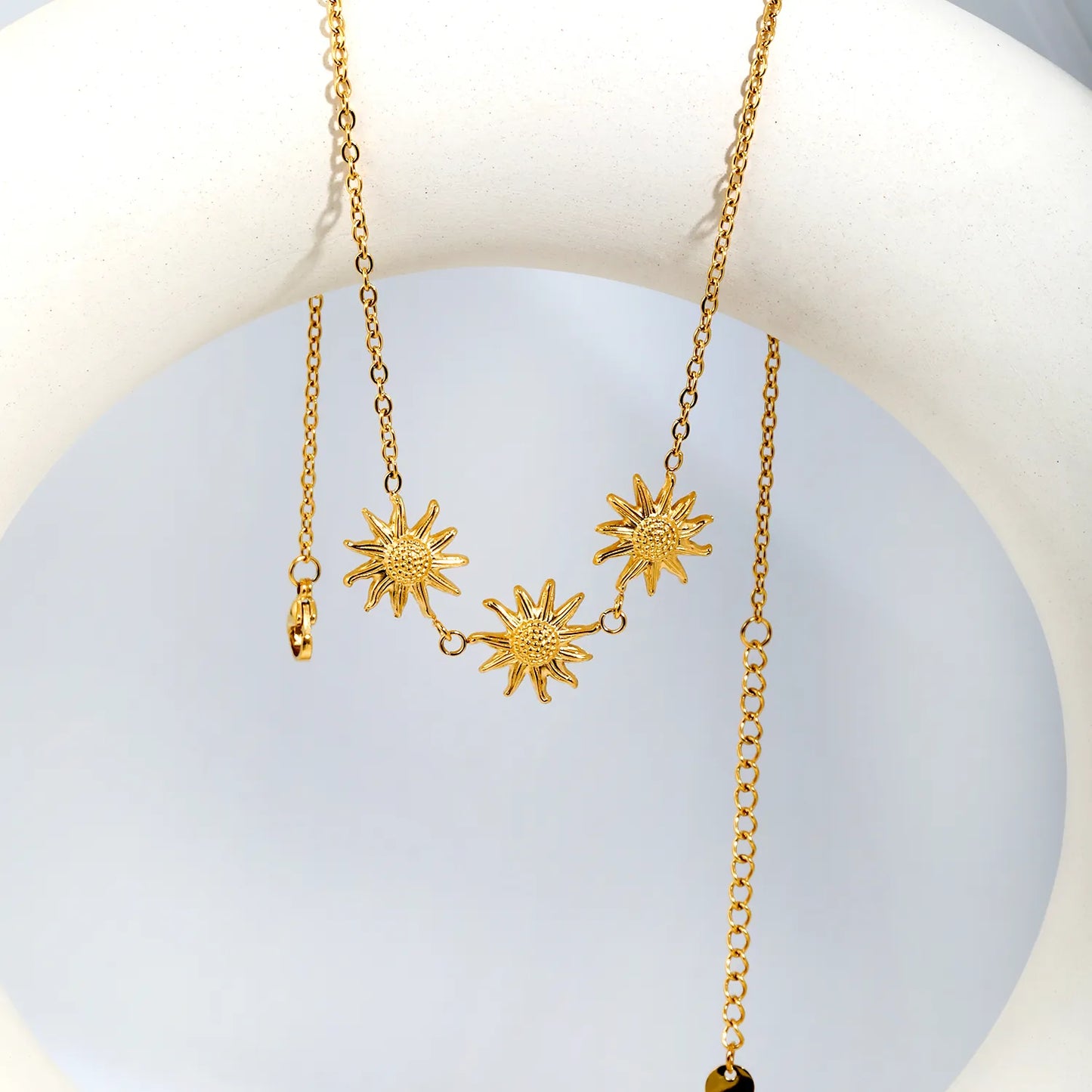 Boho Nature Inspired Triple Embossed Sunflower Station Rolo Chain Necklace | 18K Gold Plated Hypoallergenic Stainless Steel | Bulk Order MOQ 12