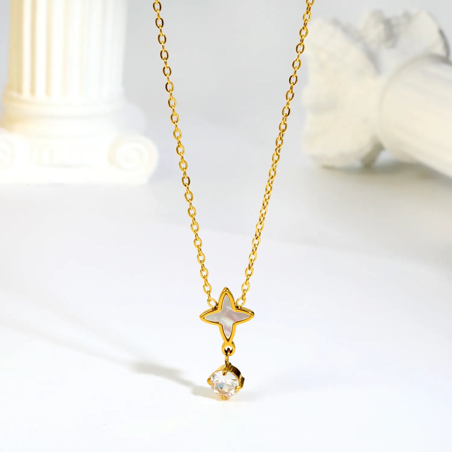 Dainty Celestial Shell Inlaid Four Point Star Drop Crystal Pendant Rolo Chain Necklace | K Gold Plated Hypoallergenic Stainless Steel | Wholesale MOQ 12