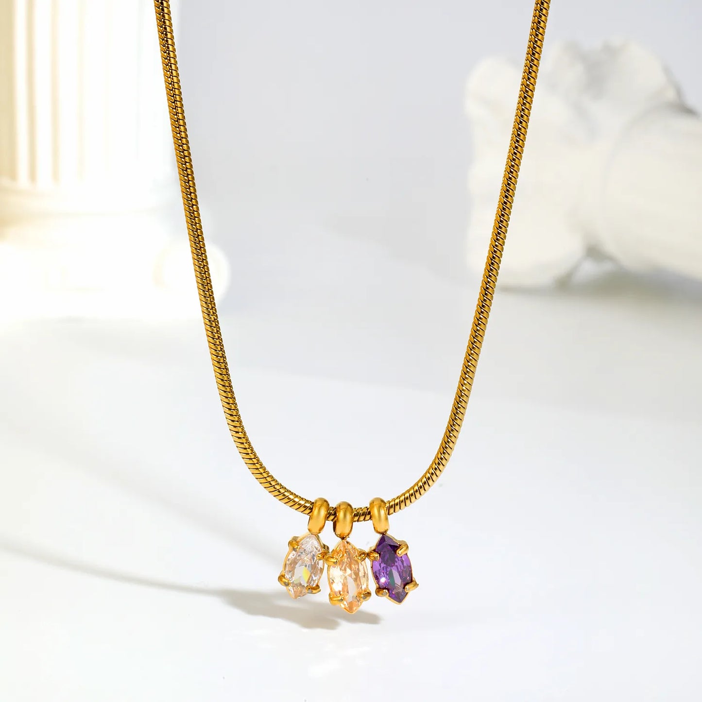 Glamorous Three Marquise Multicolor Crystal Pendant Snake Chain Necklace with Adjustable Extension Chain