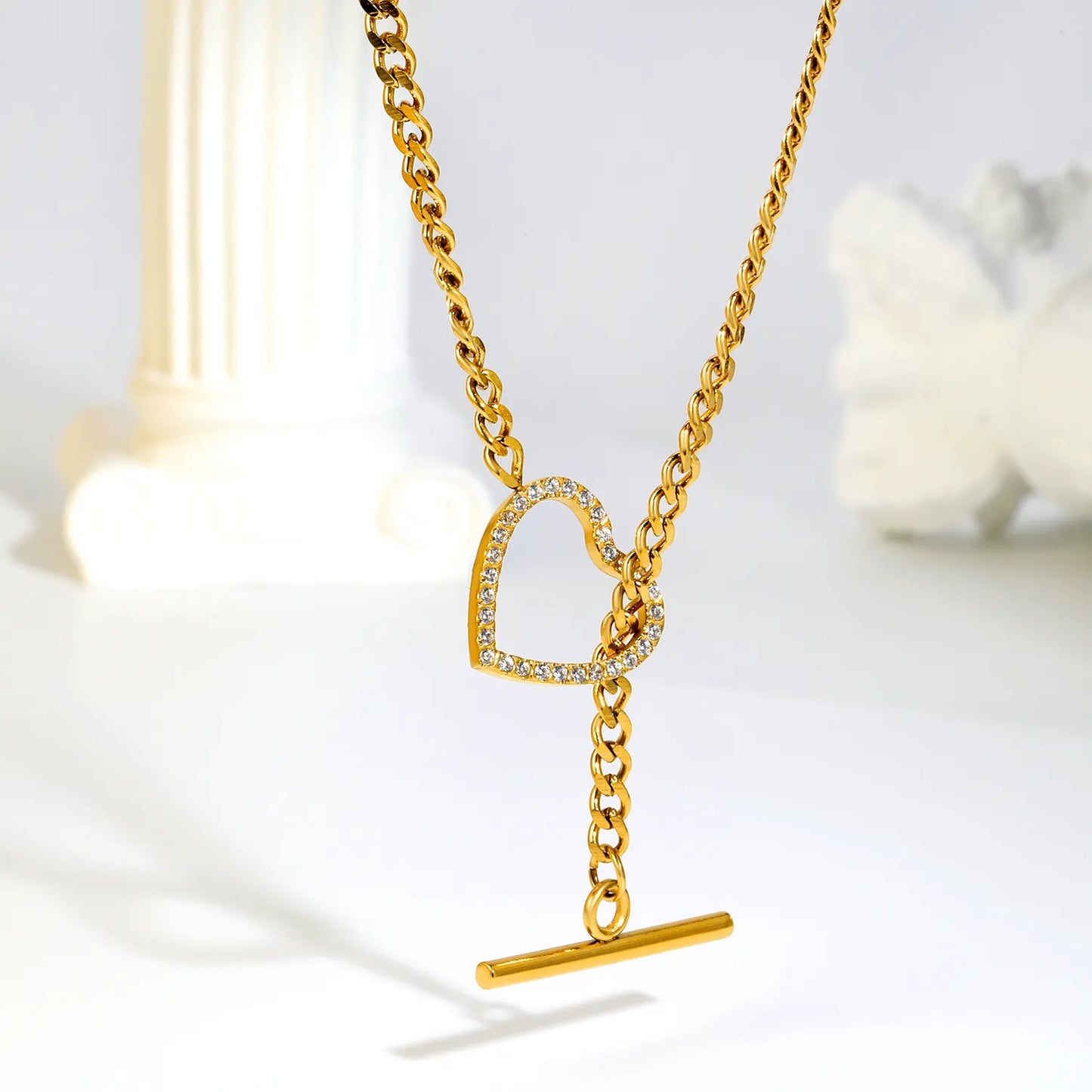 Bold Rhinestone Hollow Heart Toggle Clasp Curb Chain Choker Necklace | Statement Layering Jewelry Wholesale MOQ 12