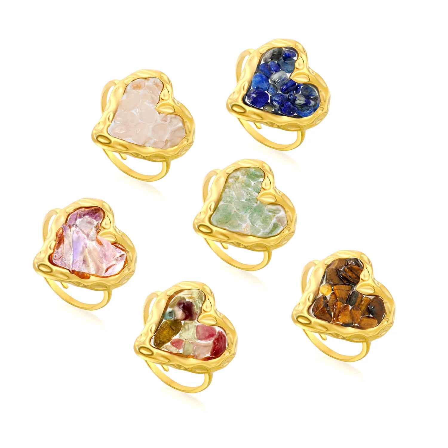 6 Colors Heart Shape Natural Crystal Chip Adjustable Open Ring