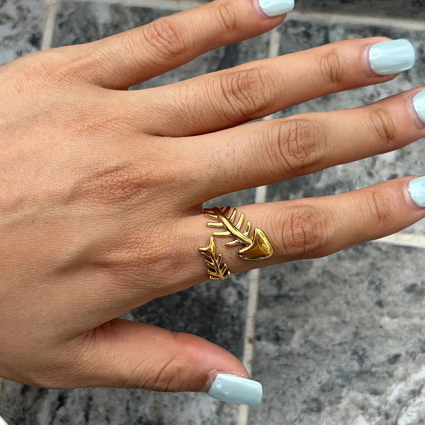 Open Adjustable Fish Bone Wrap Ring | US Size 7 | 18K Gold Plated Hypoallergenic Stainless Steel Minimalist Stackable Finger Ring Wholesale