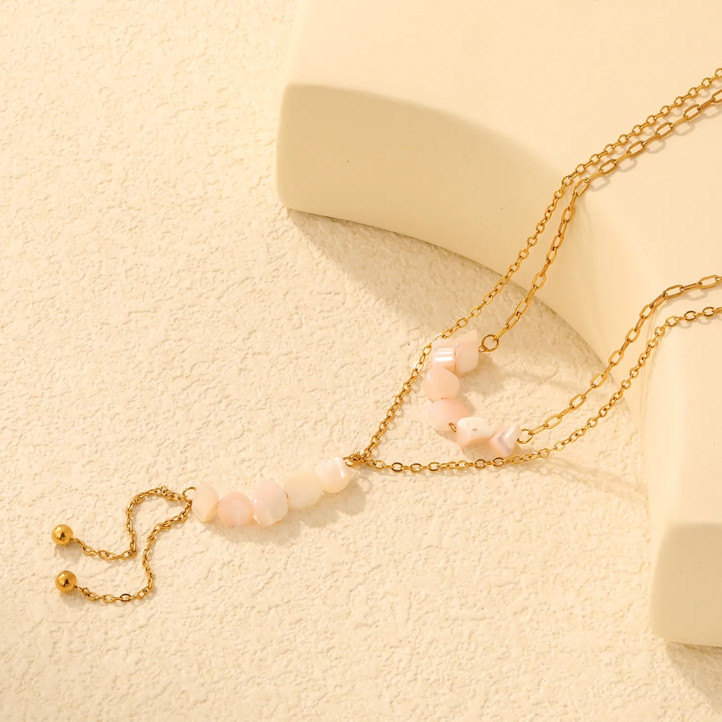 Double Layer Natural Stone Bead Y Drop Lariat Necklace Tassel Ball End Design | Multi Color Options | Boho Summer Beach Layering Jewelry