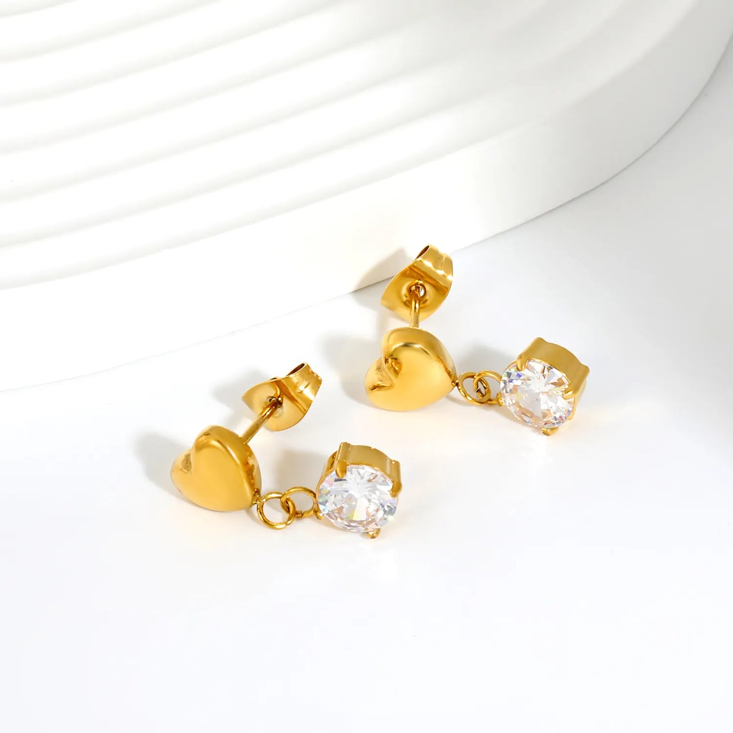 Solid Heart Round CZ Dangle Stud Earrings | 18K Gold Plated Stainless Steel Jewelry Wholesale MOQ 12