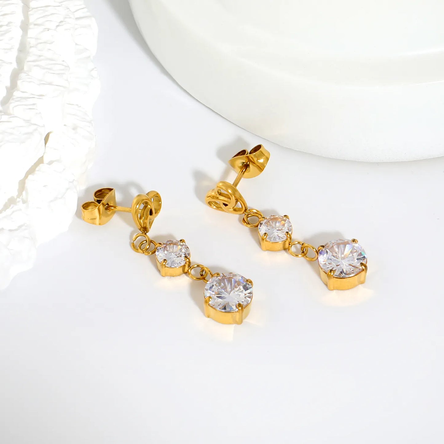 Heart Knot Layered Round CZ Dangle Stud Earrings | 7×6mm Hollow Heart Top | 18K Gold Plated Stainless Steel | Wholesale MOQ 12