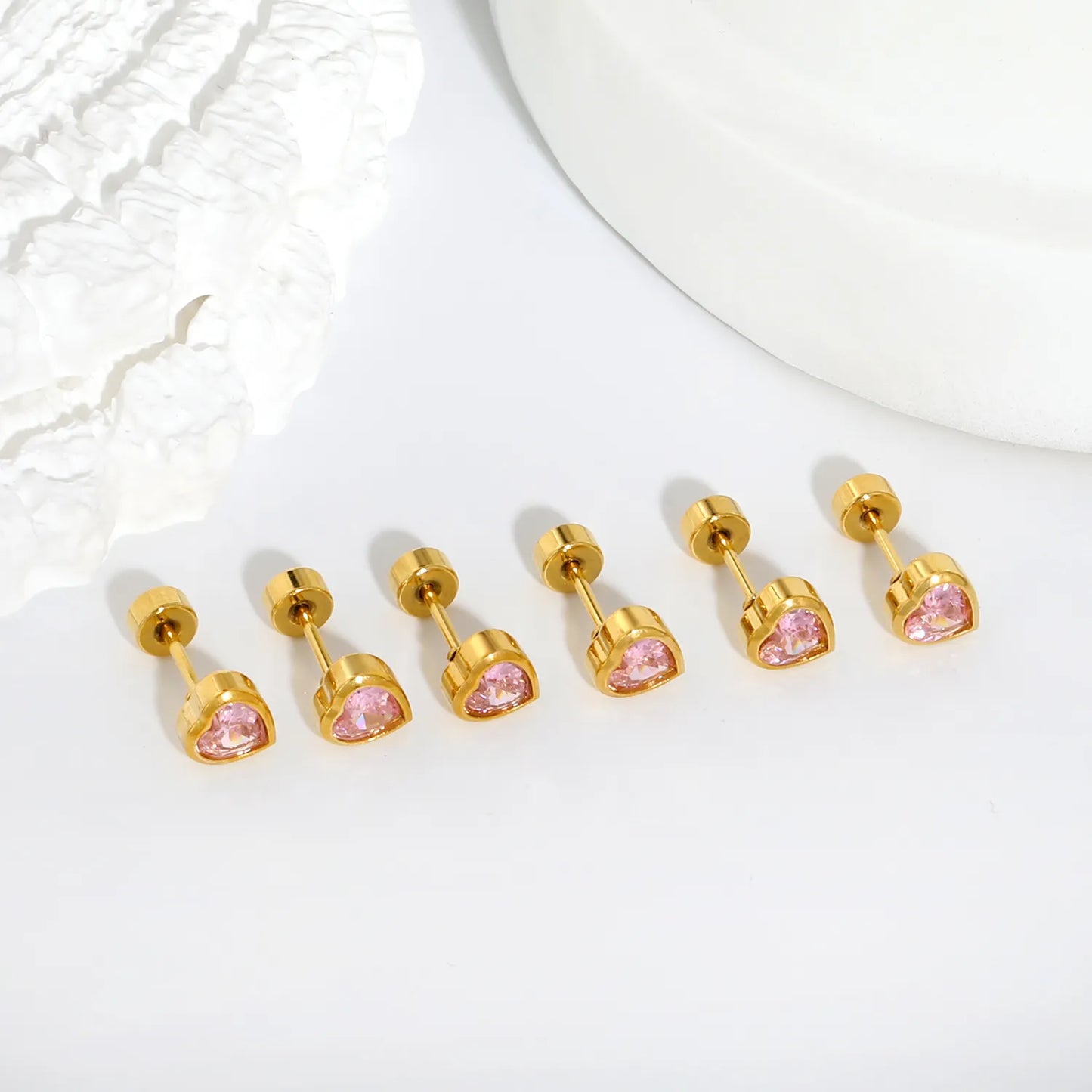 Mini Pink Heart CZ Screw Back Stud Earrings | 3 Pairs Per Card | 18K Gold Plated Stainless Steel | Wholesale MOQ 12