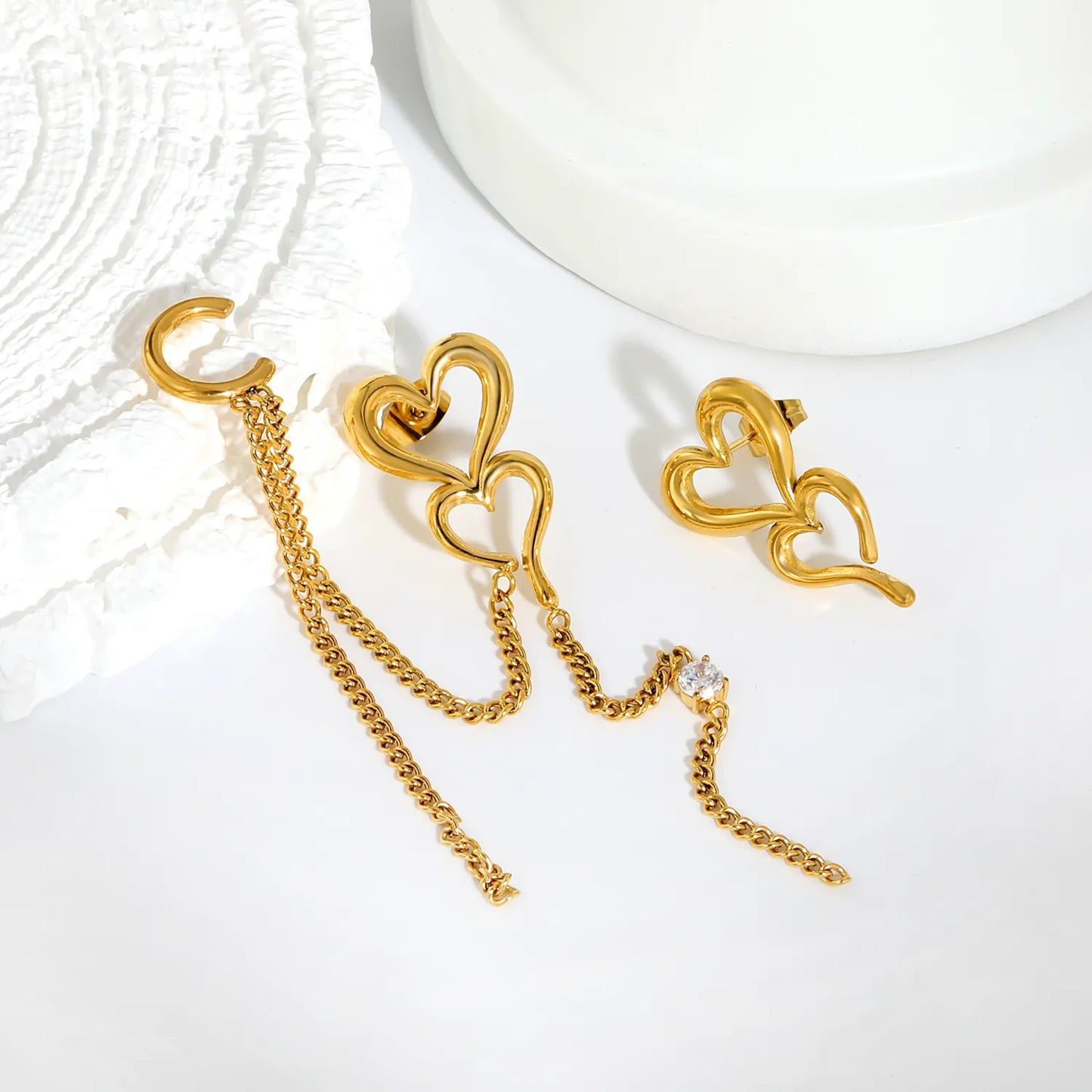 18K Gold Plated Asymmetric Double Hollow Heart Chain Tassel Drop Earrings | 16×26mm | Mismatched Long Dangle Crystal Earrings | Wholesale MOQ 12