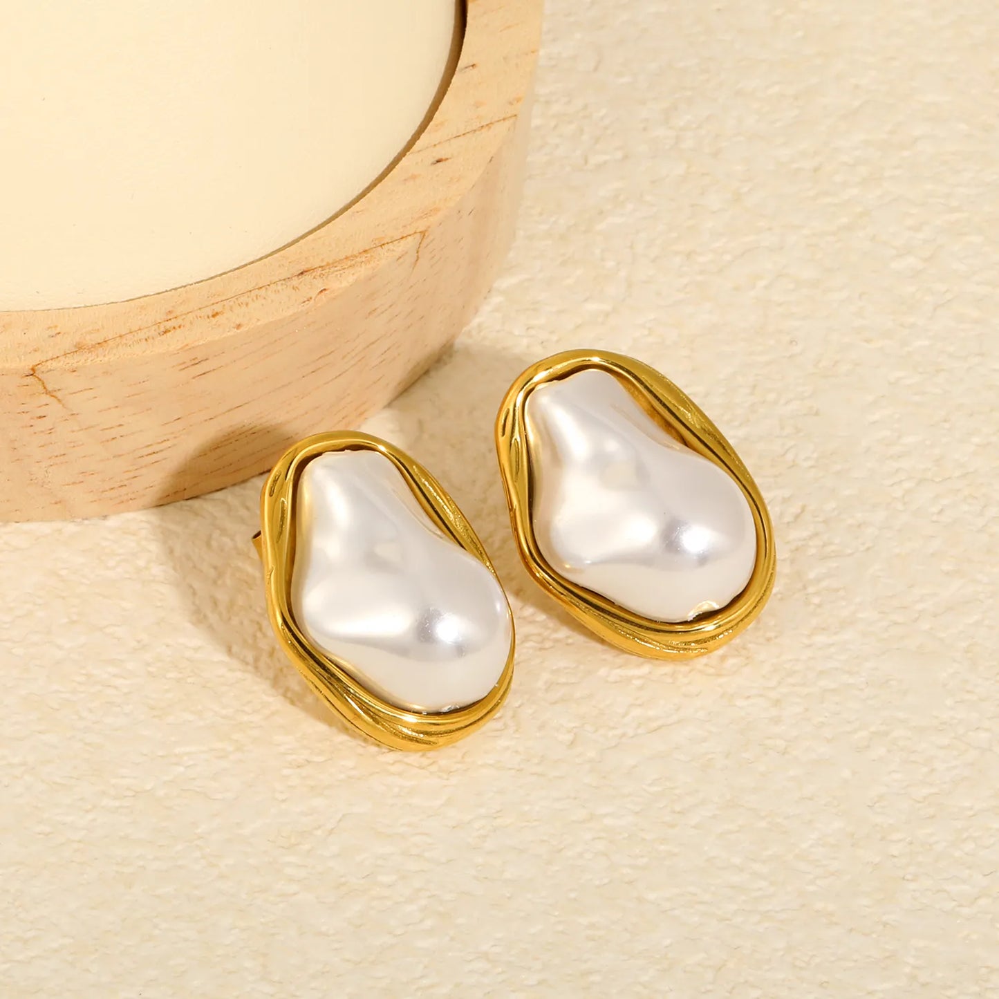 18K Gold Plated Baroque Pearl Wrapped Frame Stud Earrings | Stainless Steel Statement Pearl Stud Earrings | Wholesale MOQ 12