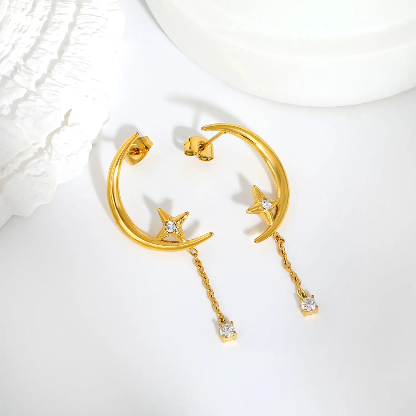 Crescent Moon Star Dangle Drop Stud Earrings | 18K Gold Plated Hypoallergenic Stainless Steel | Wholesale MOQ 12