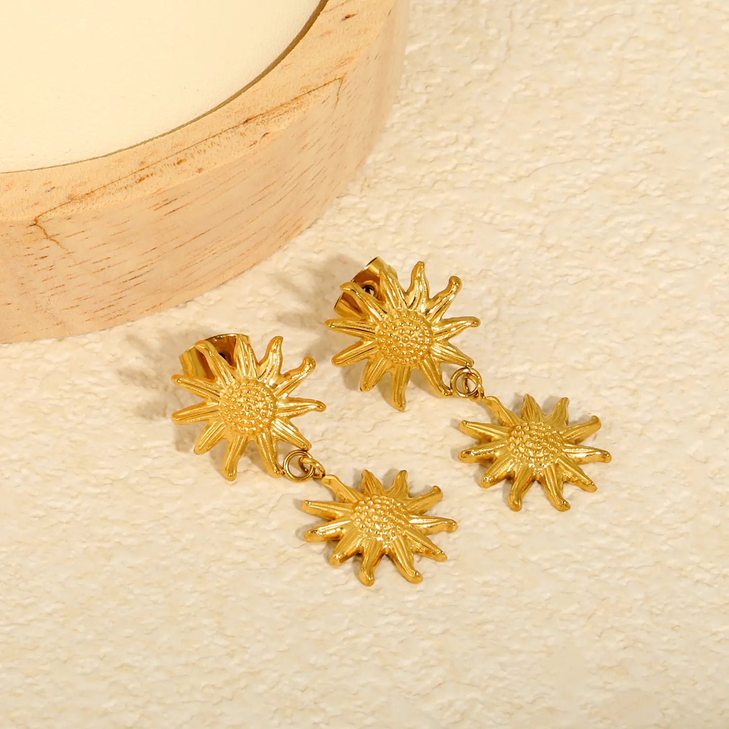 Dual Embossed Sunflower Dangle Stud Earrings | 18K Gold Plated Stainless Steel Earrings MOQ 12 Pieces