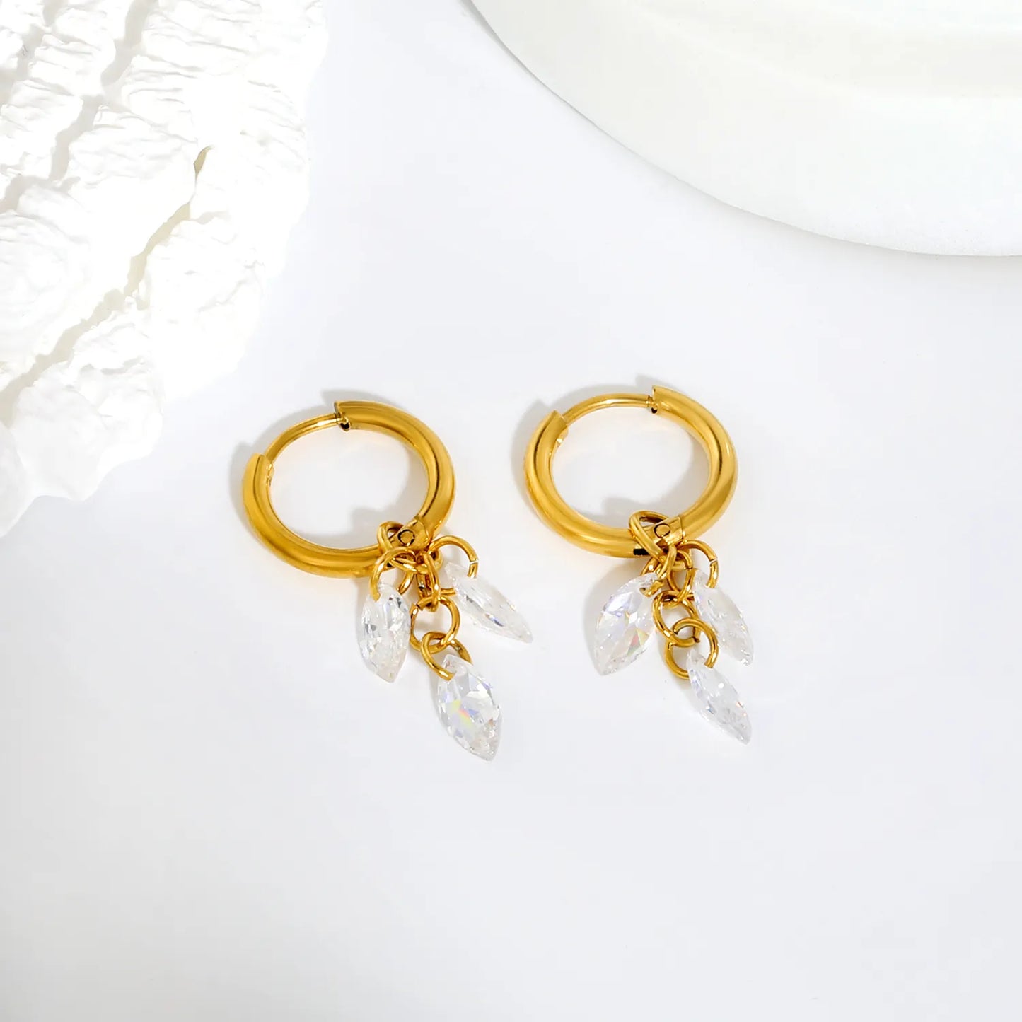 Triple Marquise Crystal Dangle Huggie Hoop Earrings with Zircon Charms | 18K Gold Plated Stainless Steel | Bulk Ordere MOQ 12