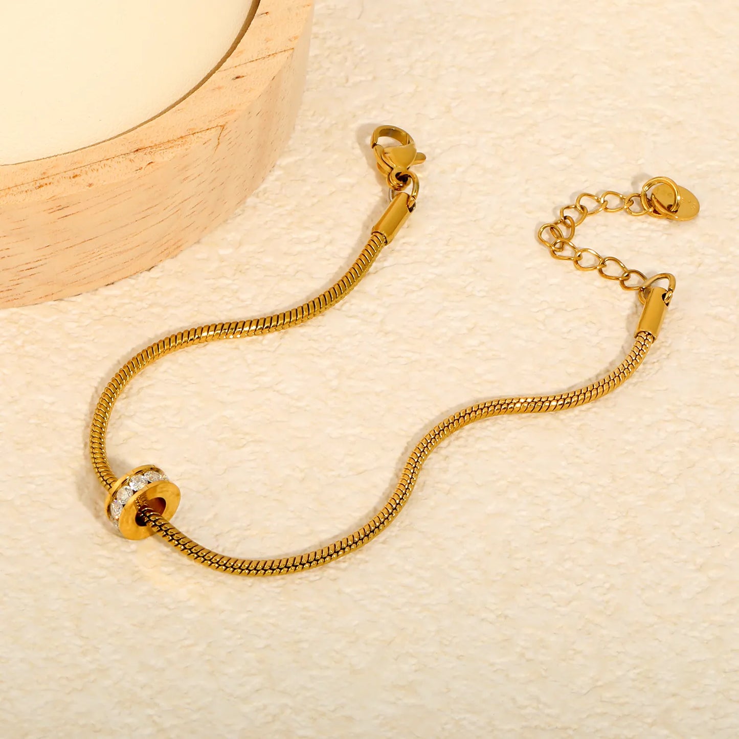 Vertical Triple Zircon Barrel Slider Charm Slim Snake Chain Adjustable Bracelet | Minimalist Dainty Wrist Chain Bulk Stock For Wholesale
