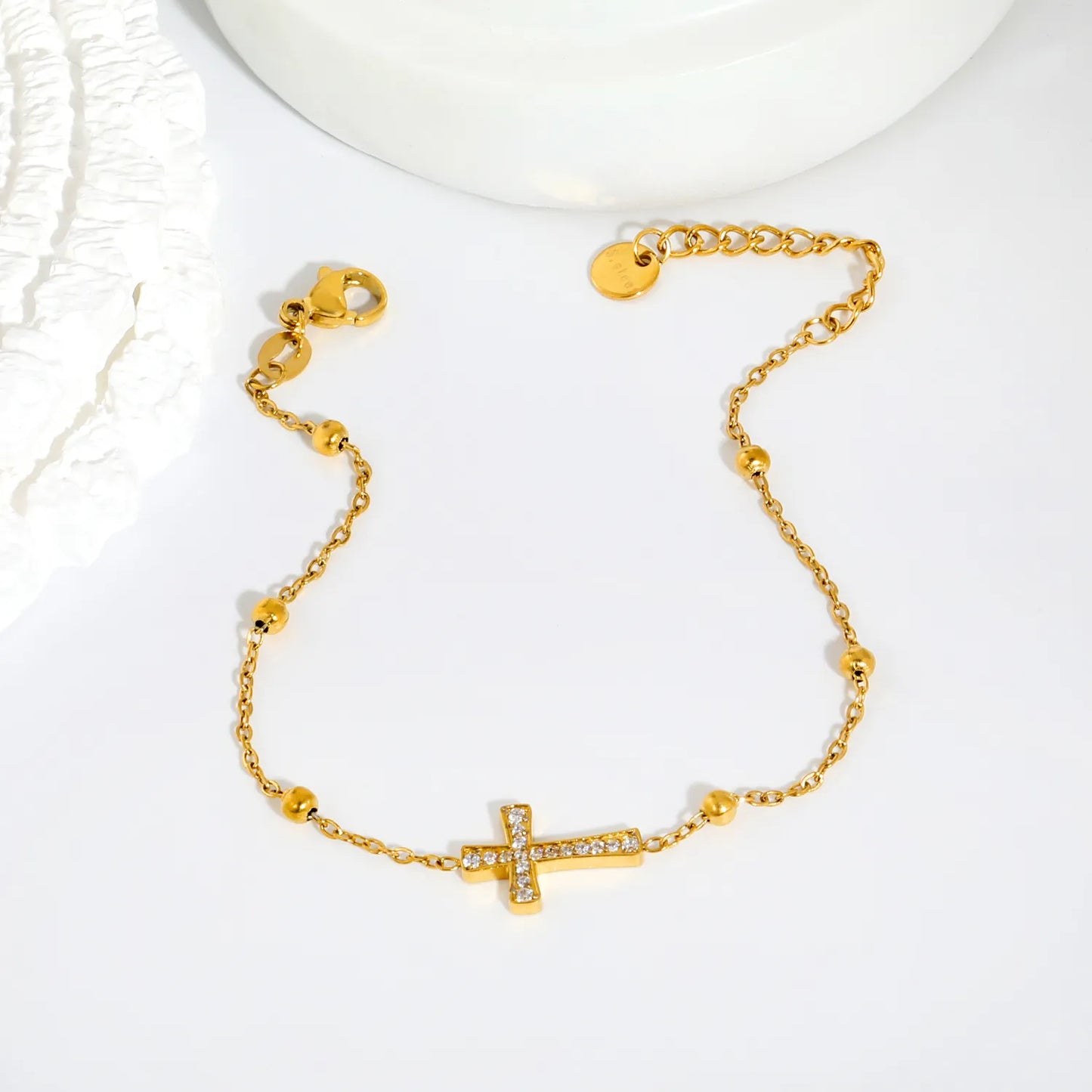 Horizontal Full Paved Zircon Cross Beaded Adjustable Chain Bracelet | 17+3cm Customizable Length | 18K Gold Plated Hypoallergenic Stainless Steel Dainty Wrist Chain
