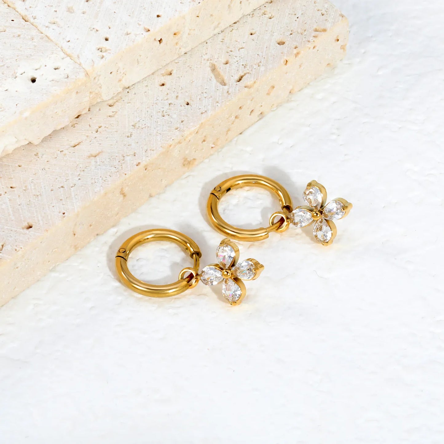 4-Leaf Pear CZ Flower Dangle Huggie Earrings 2×10mm Hoop | 18K Gold Plated Stainless Steel | Wholesale MOQ 12