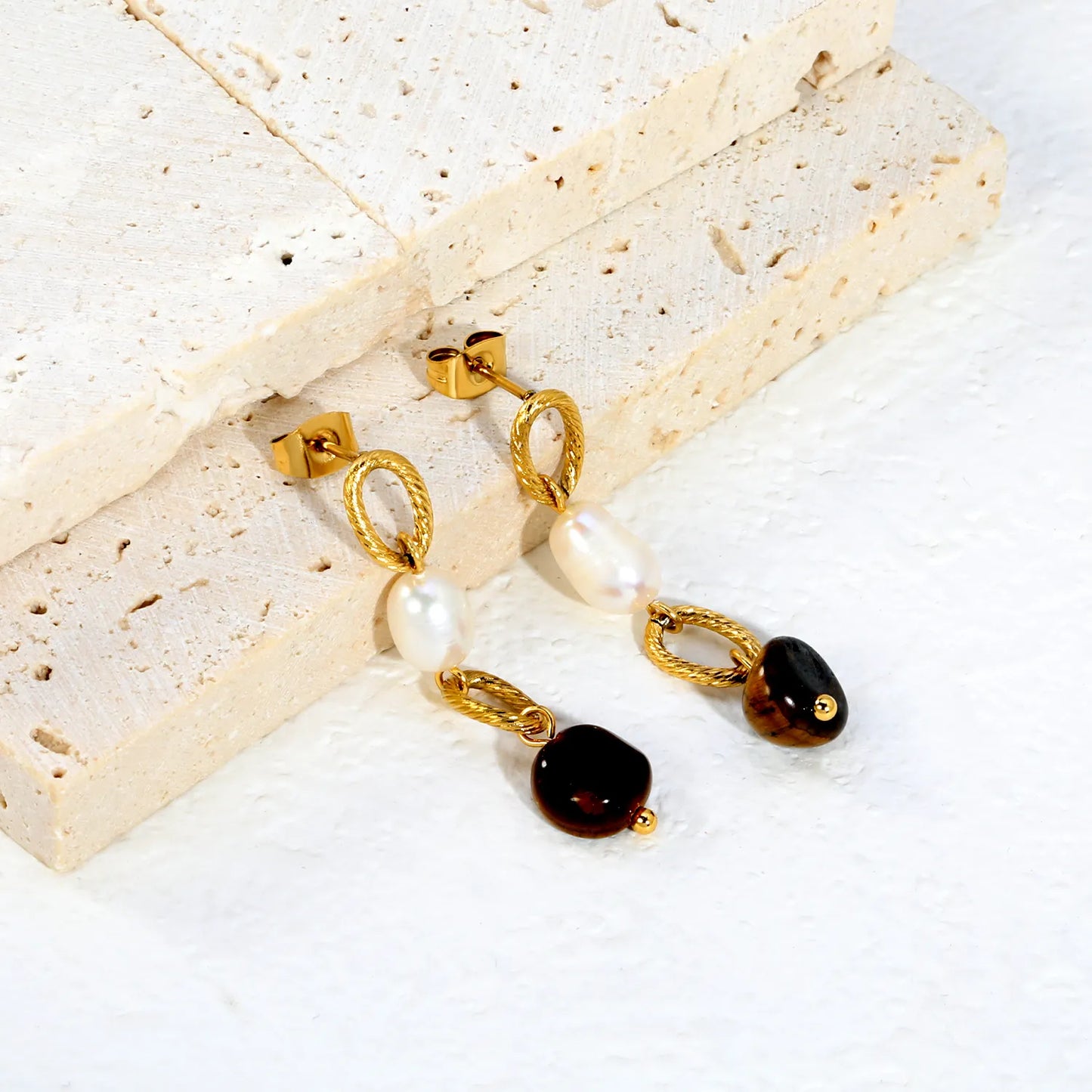 Twisted Oval Link Baroque Pearl & Tiger Eye Linear Drop Stud Earrings | 18K Gold Plated Stainless Steel | Natural Stone Layered Dangle Earrings | Wholesale MOQ 12