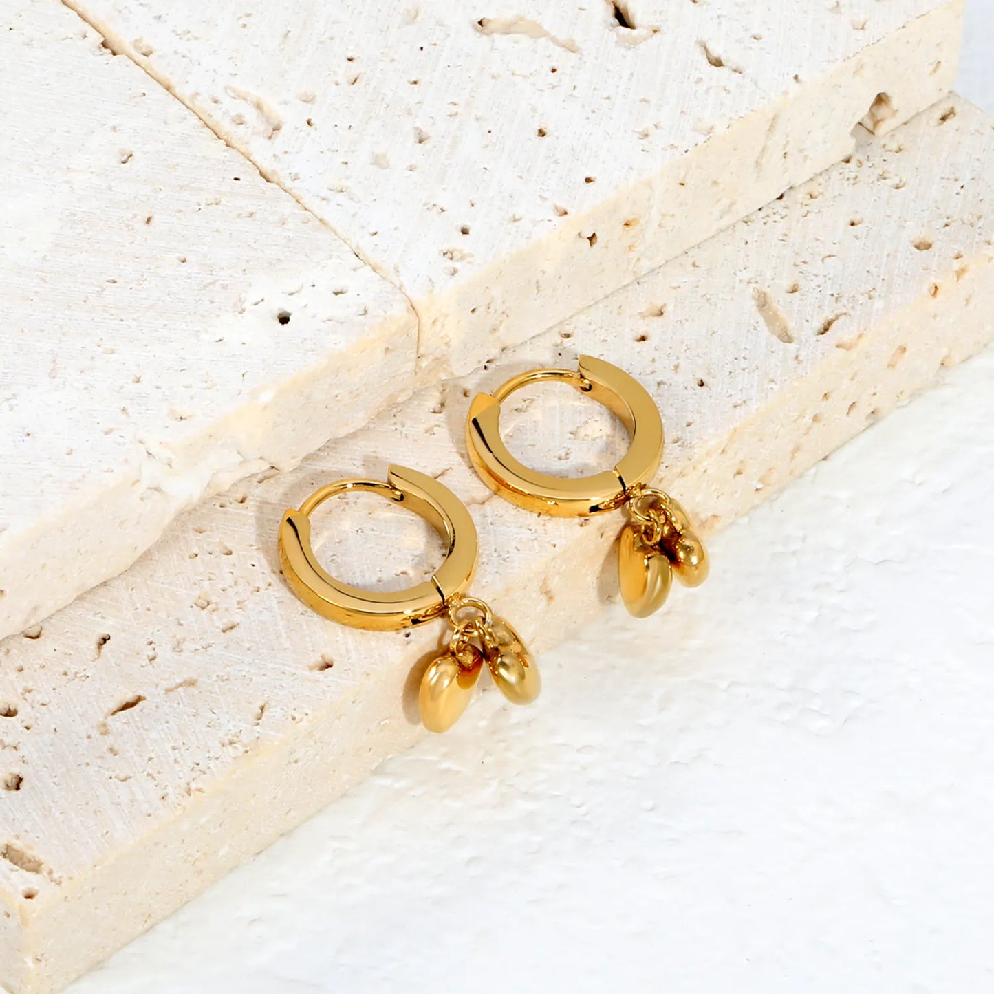 18K Gold Plated Stainless Steel Dual Puffy Heart Dangle Huggie Earrings | Double Solid Heart Drop Hoops | Wholesale MOQ 12