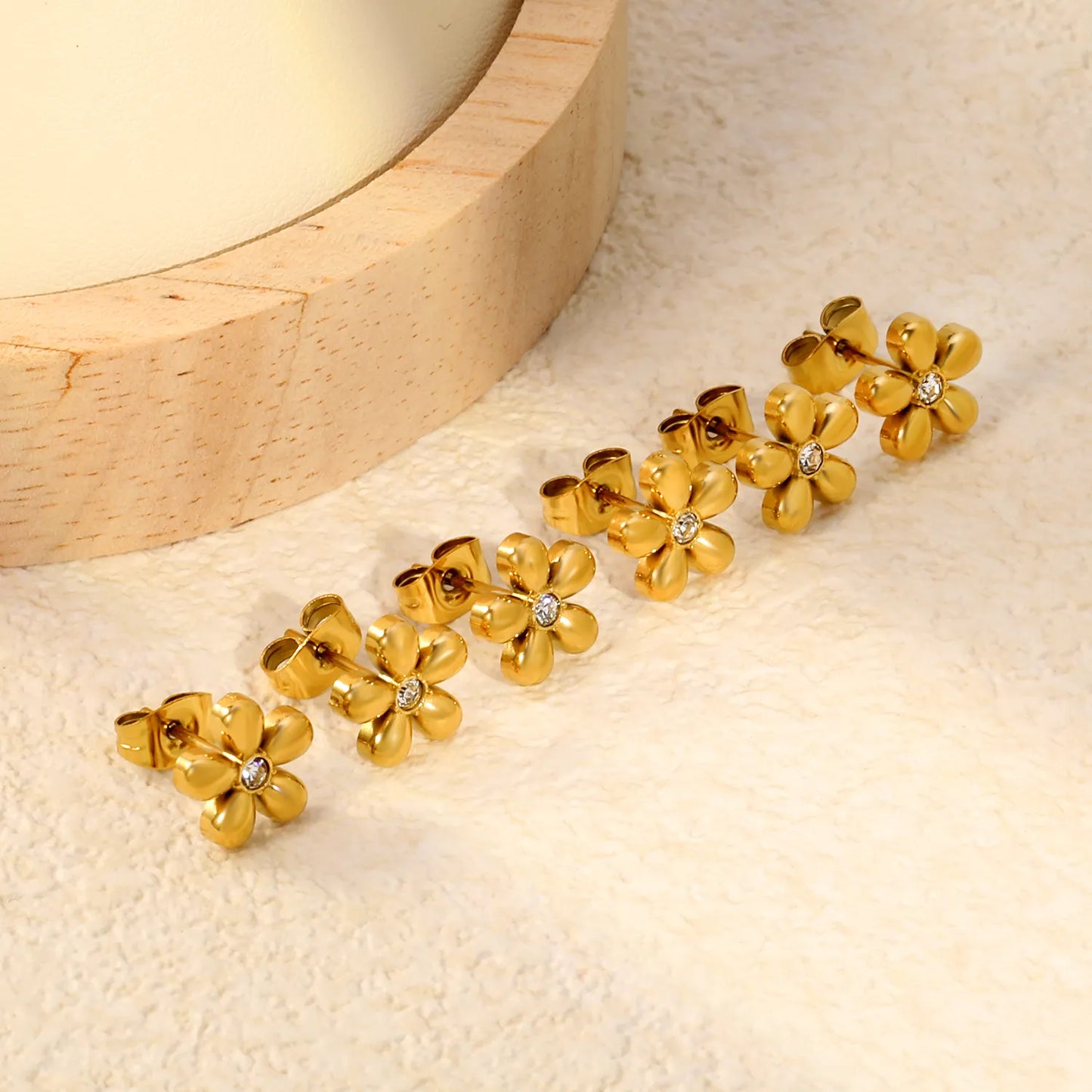 Puffy Five-Petal Flower Clear CZ Stud Earrings | 18K Gold Stainless Steel Floral Ear Studs | Card Packed 3PCS Per Set | Wholesale MOQ 12