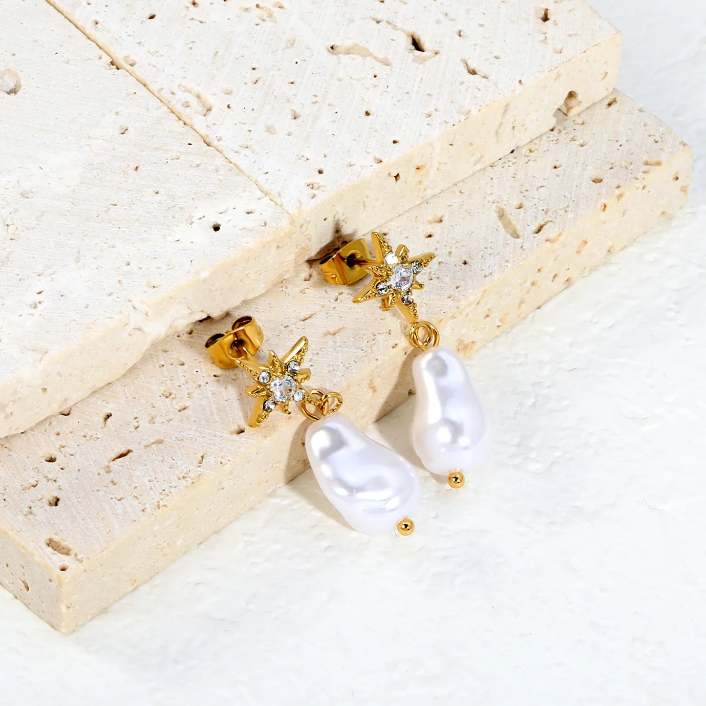 CZ North Star Irregular Baroque Pearl Drop Stud Earrings | Star 12mm | 18K Gold Plated Stainless Steel | Wholesale MOQ 12
