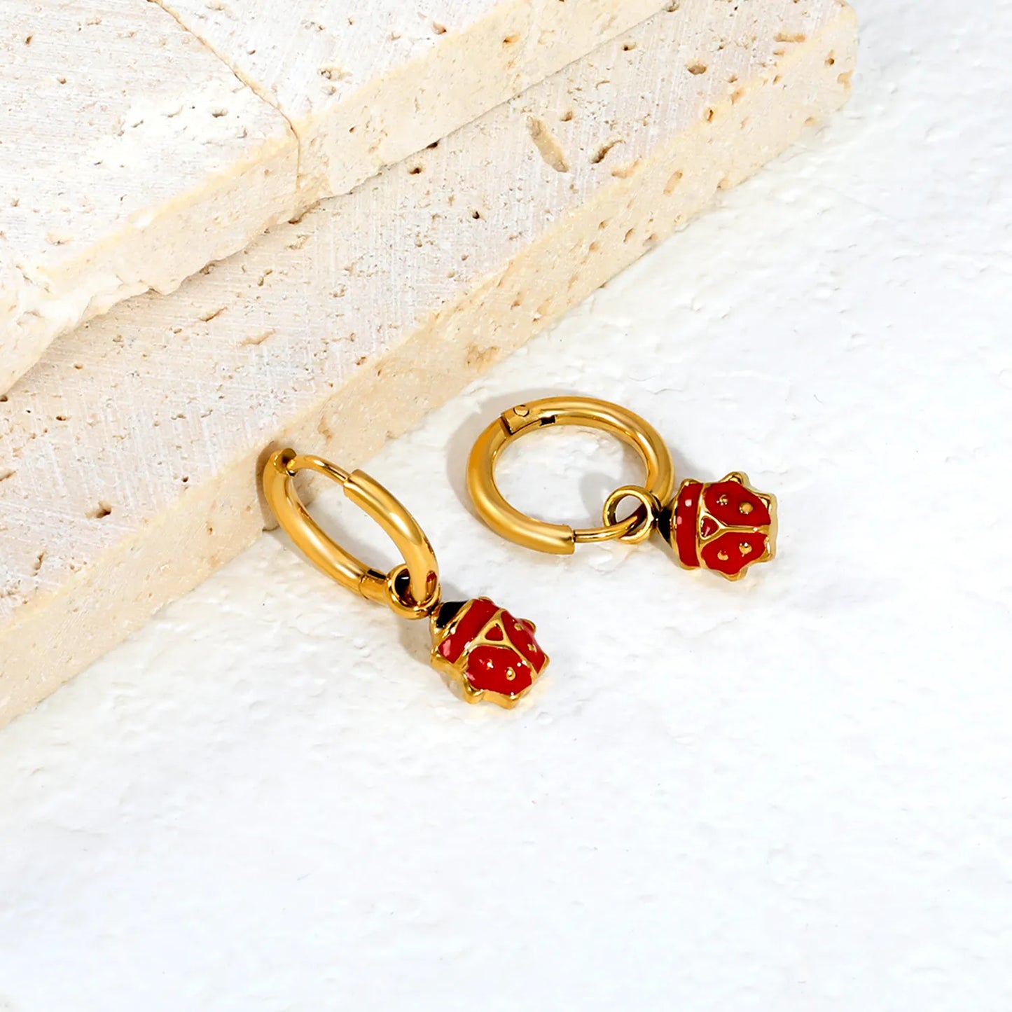 Red & Black Enamel Ladybug Dangle Huggie Earrings | 18K Gold Plated Stainless Steel | Cute Insect Charm Drop Hoops | Wholesale MOQ 12