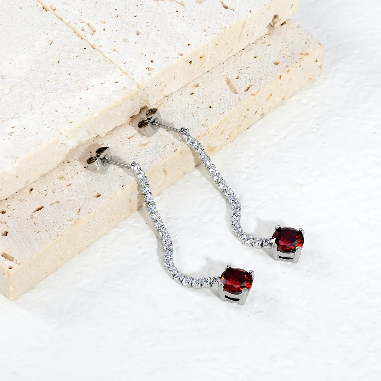 Long Tennis Chain Red CZ Drop Stud Earrings | Two Color Options | Linear Ruby-Tone Dangle Earrings | Wholesale MOQ 12
