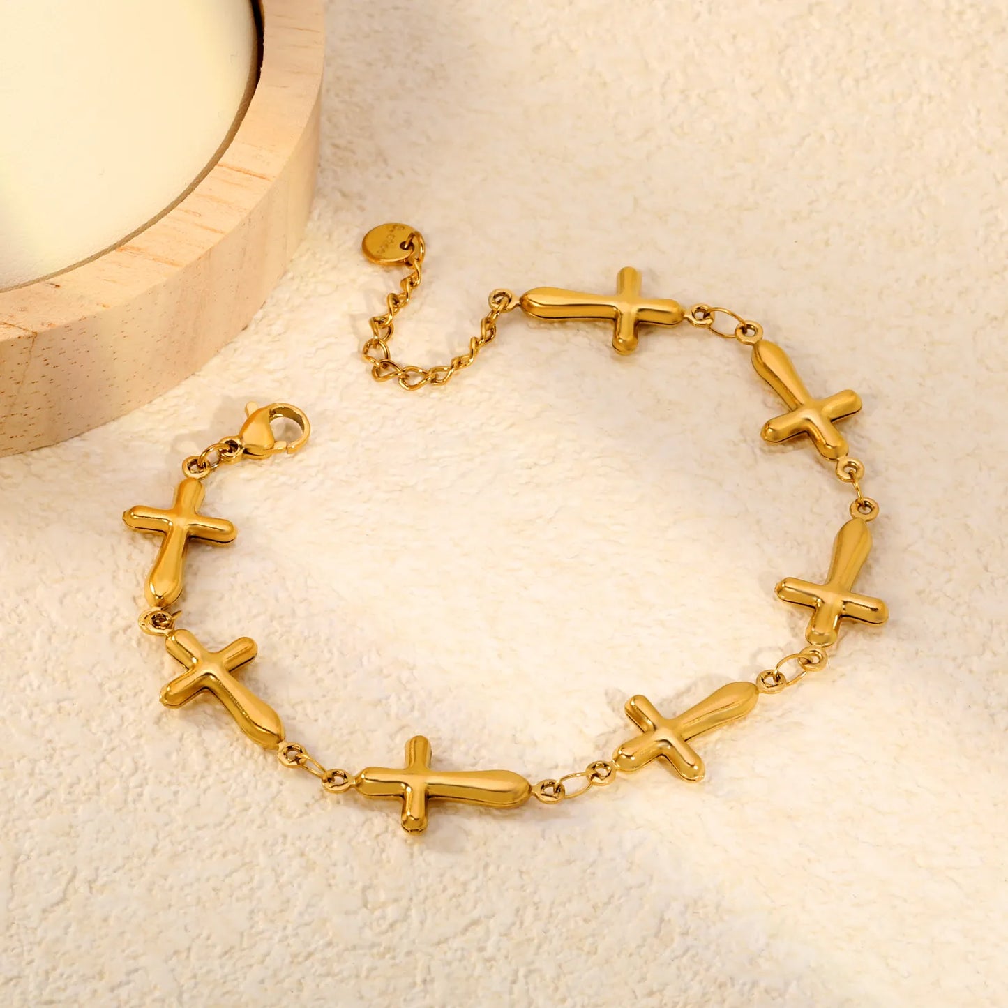 Puffy Solid Cross Charm Link Bracelet | Adjustable 18+3cm 18K Gold Plated Stainless Steel| Wholesale MOQ 12