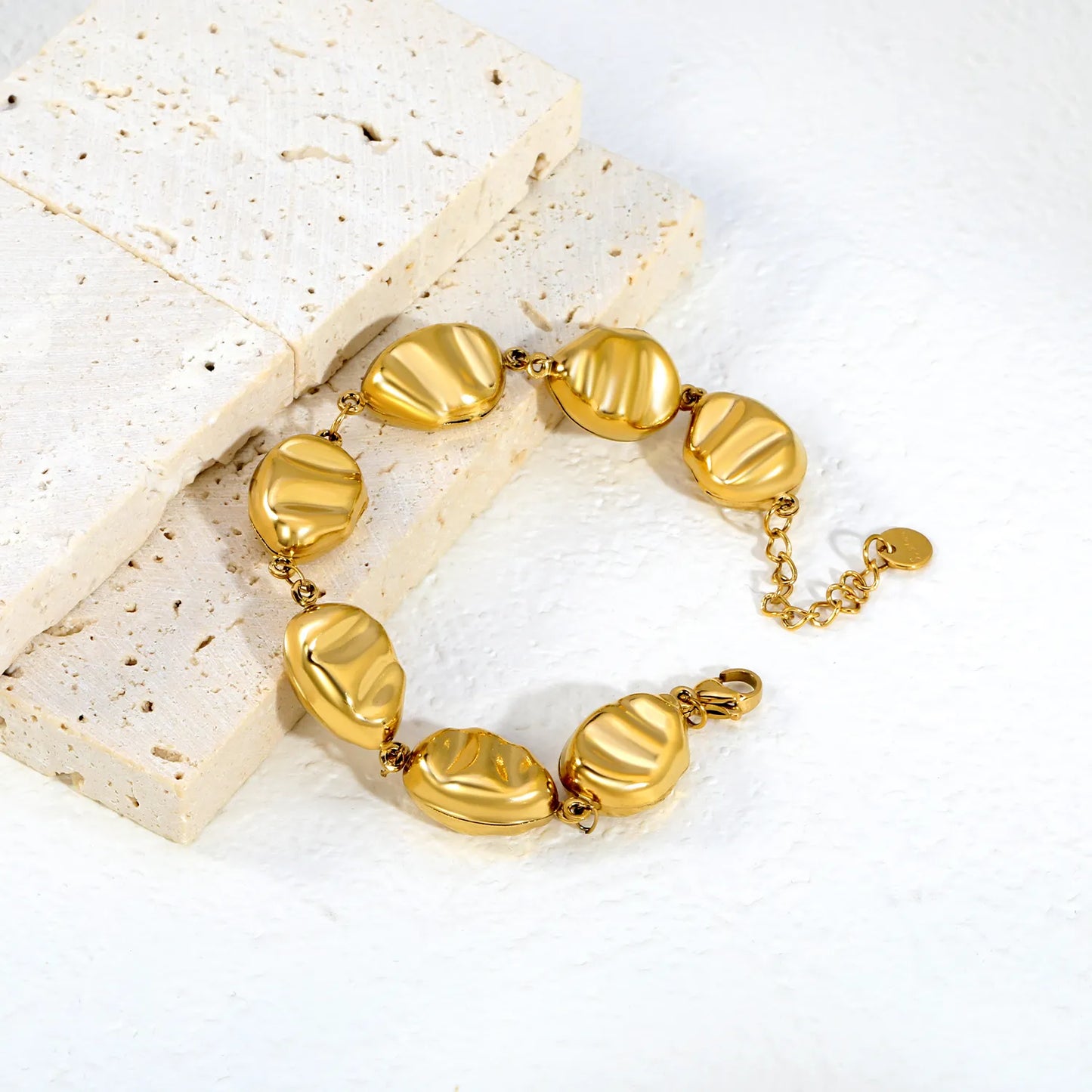 Adjustable 18K Gold Plated Stainless Steel Ribbed Irregular Oval Bead Link Bracelet | Wholesale MOQ 12