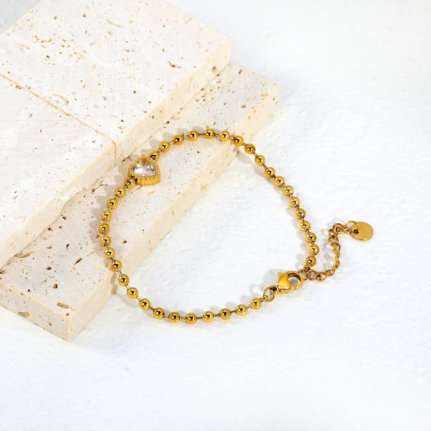 Beaded Chain Heart CZ Gold Adjustable Bracelet | 18K Gold Plated Stainless Steel | Wholesale MOQ 12