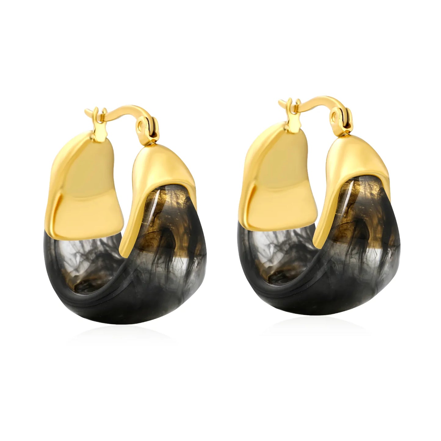Black Marble Resin Hoop Earrings with Sculpted Gold Detail – 18K Gold Plated | Wholesale MOQ 12 Description: