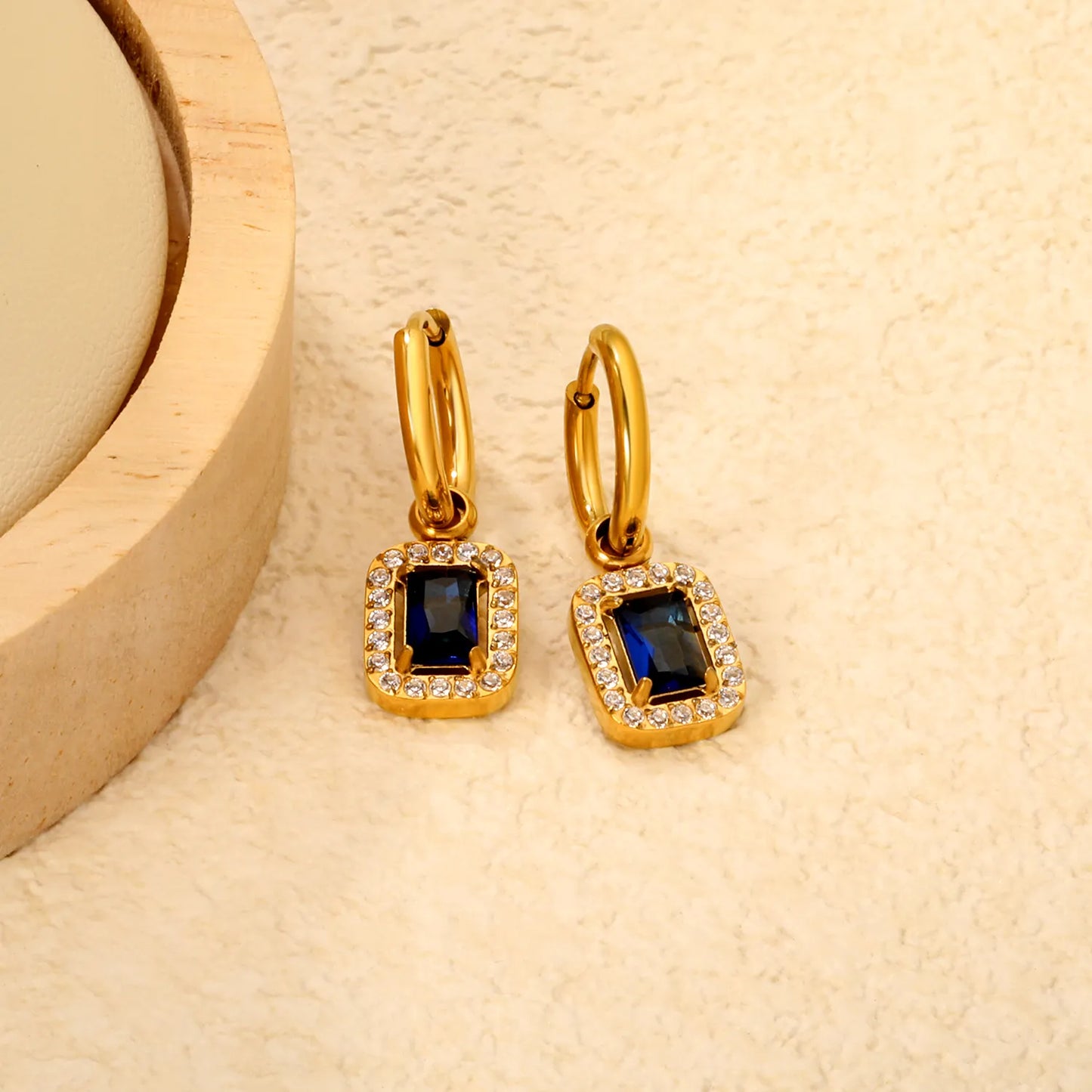 18K Gold Plated Mini Hoop Earrings with Blue Crystal Drop | Bulk Wholesale MOQ 12