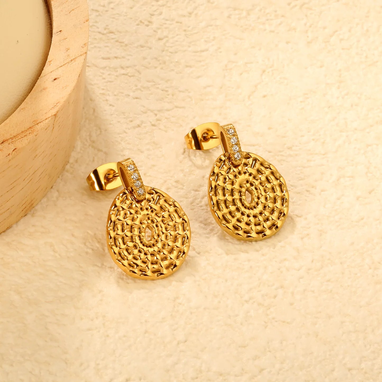 Textured Coin Disc Crystal Drop Earrings | 18K Gold Plated | MOQ 12 | Wholesale Bulk Order