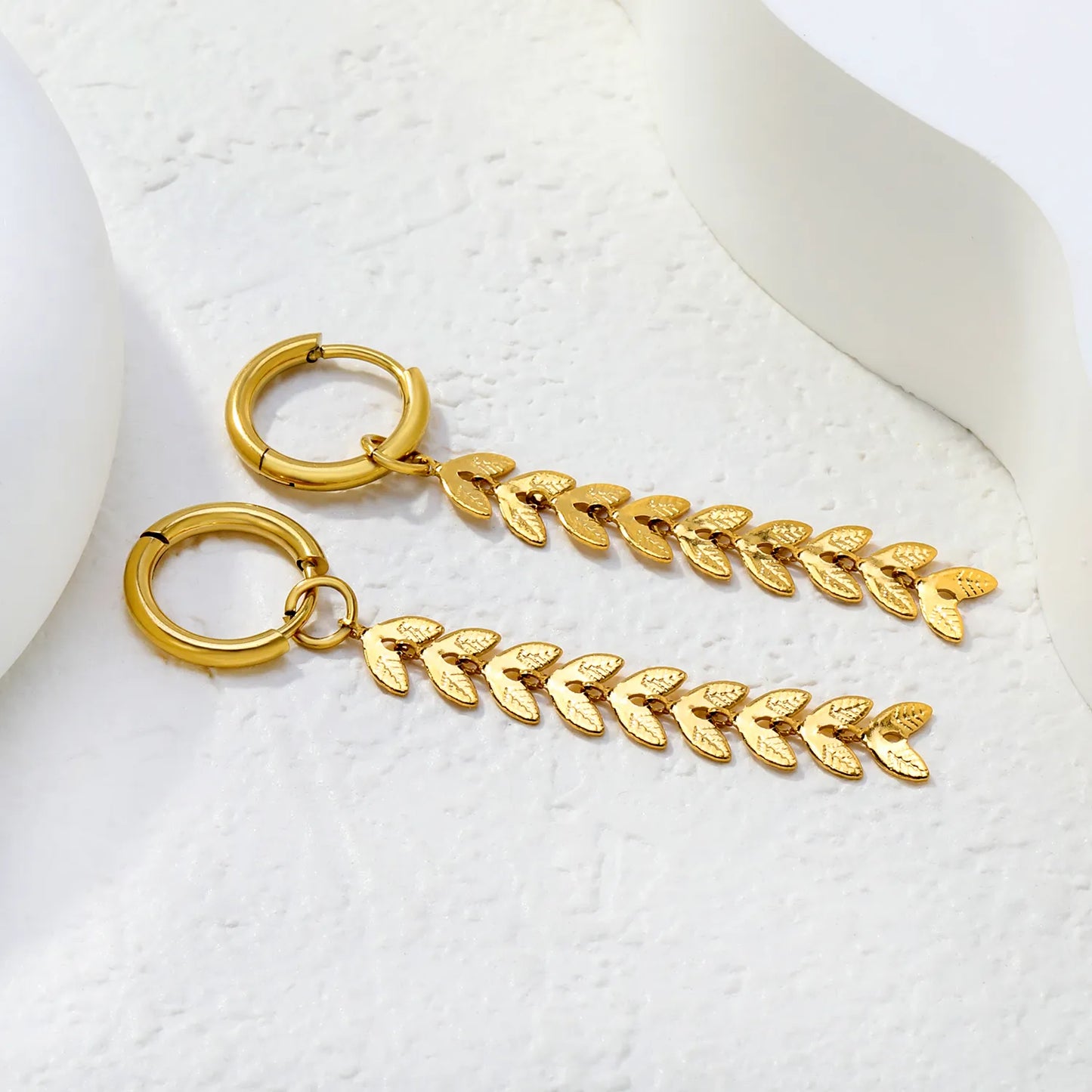 Wholesale Hypoallergenic 18K Gold Plated Leaf Drop Huggie Earrings Bulk Order MOQ 12