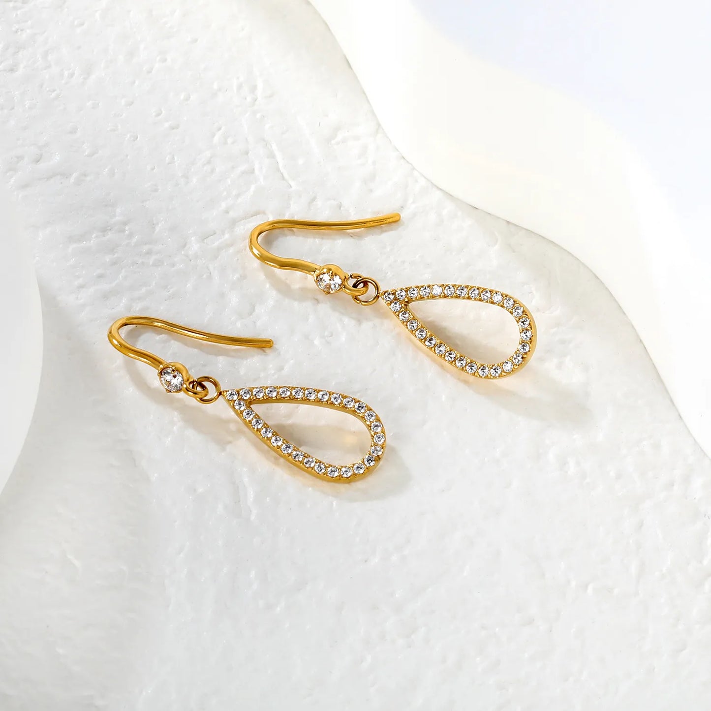 Wholesale Delicate Crystal Teardrop Dangle Hook Earrings | 18K Gold Plated | MOQ 12
