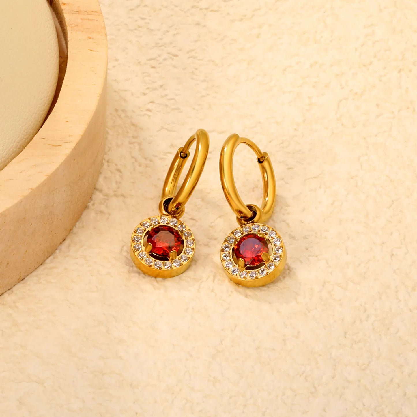 Hypoallergenic 18K Gold Plated Clear & Red Gem Halo Huggie Earring Wholesale Order MOQ 12