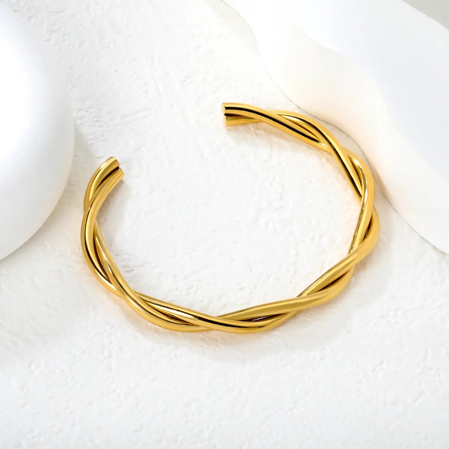 18K Gold Plated Twisted Open Cuff Bangle | Hypoallergenic Stainless Steel | 62mm | MOQ 12