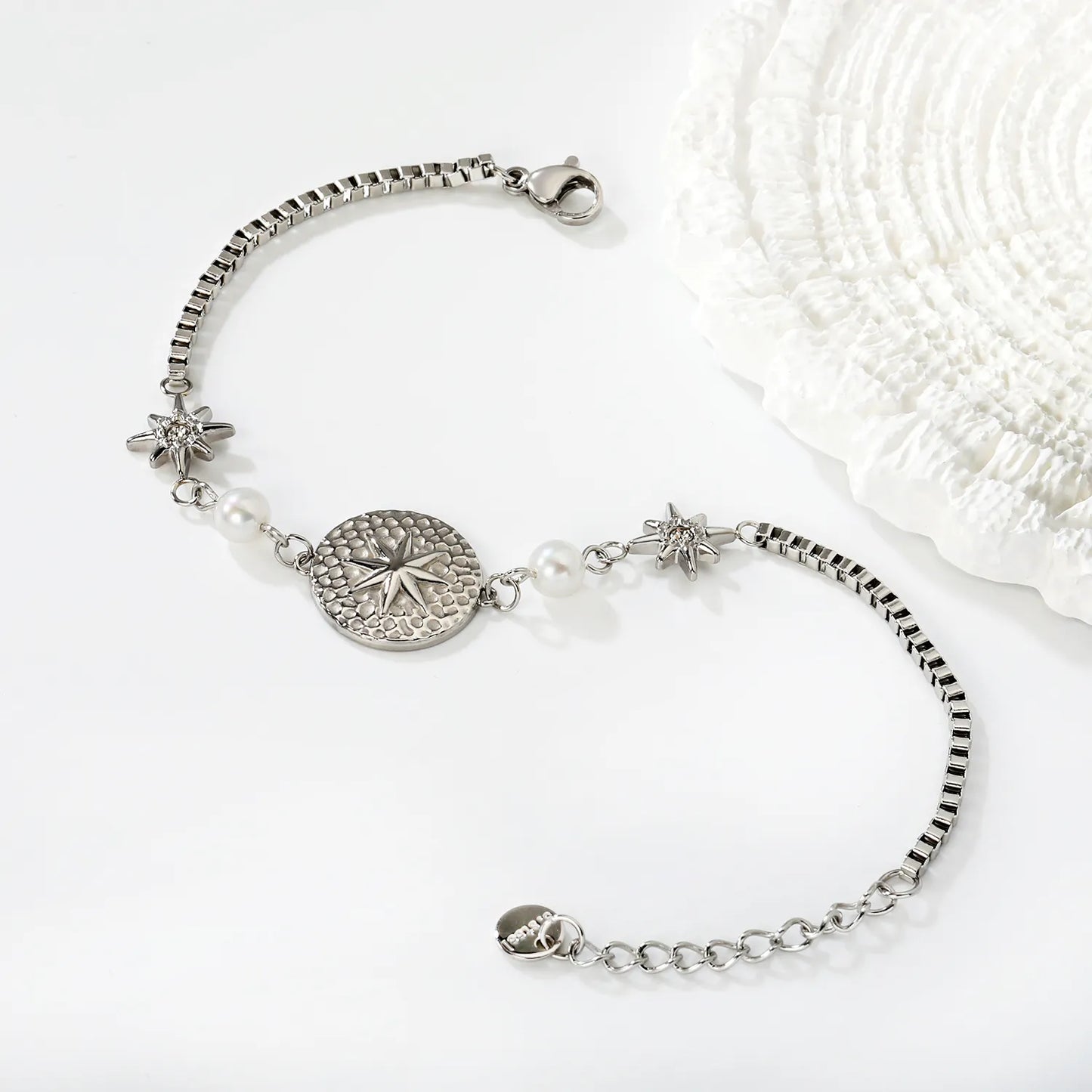 North Star & Pearl Charm Chain Bracelet | Gold/Silver Color | Wholesale MOQ 12 | 18K Gold Plated