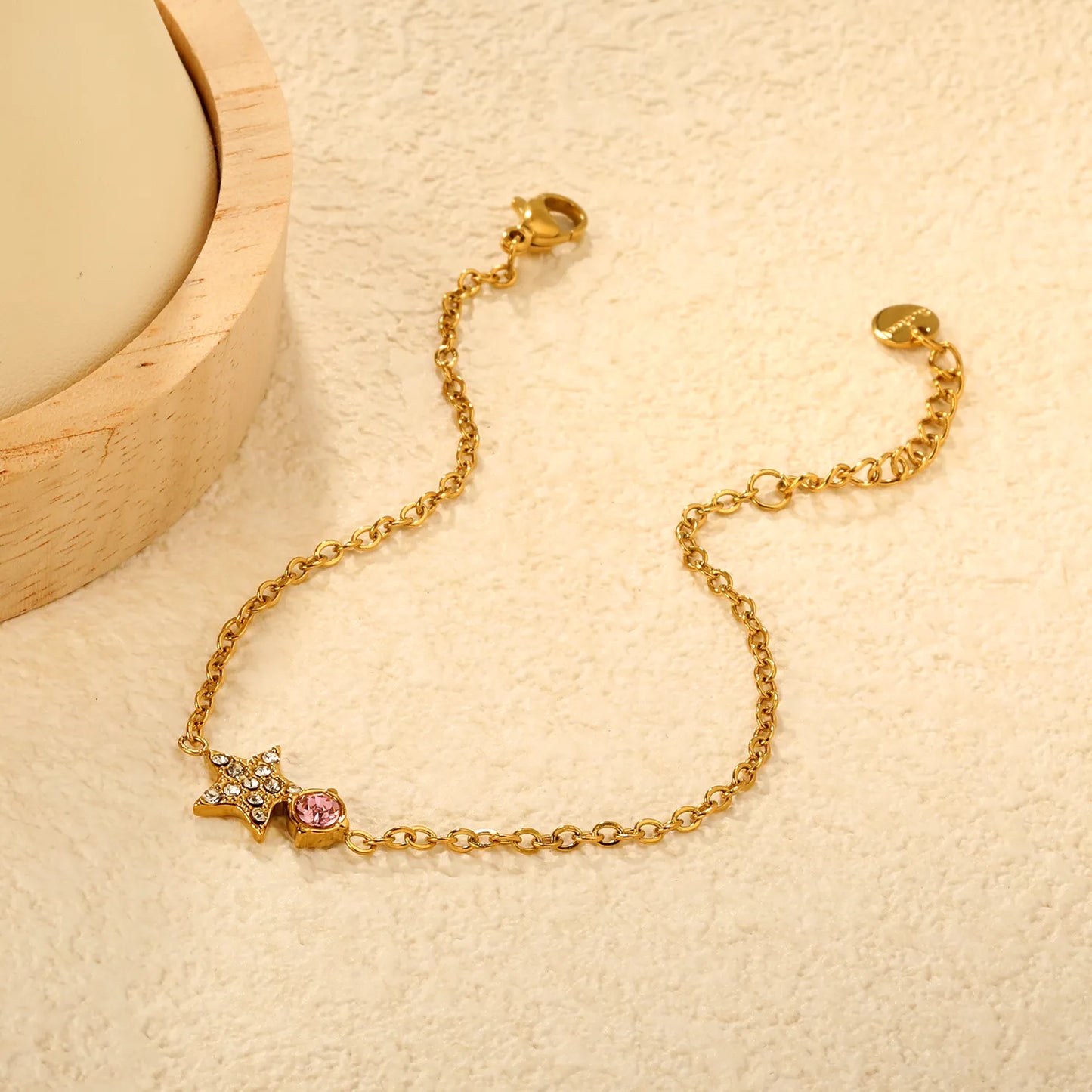 Star & Pink Crystal Charm Chain Bracelet | 18K Gold Plated | Paved Crystal Star | Adjustable 17+3cm | MOQ 12