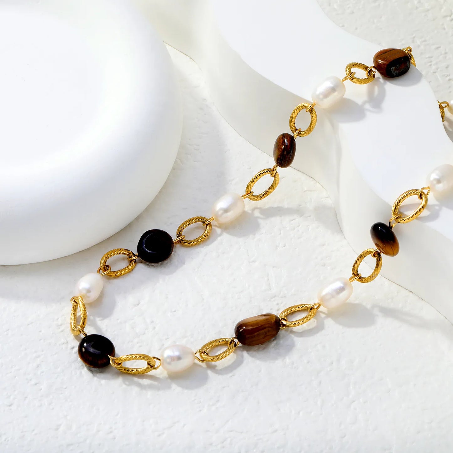 Tiger's Eye & Freshwater Pearl Beaded Necklace | Wholesale MOQ 12 | 18K Gold Plated