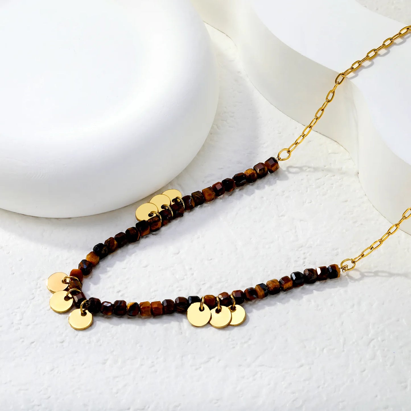 Natural Cube Tiger's Eye Beaded Necklace with Gold Disc Charms | 18K Gold Plated | Wholesale MOQ 12