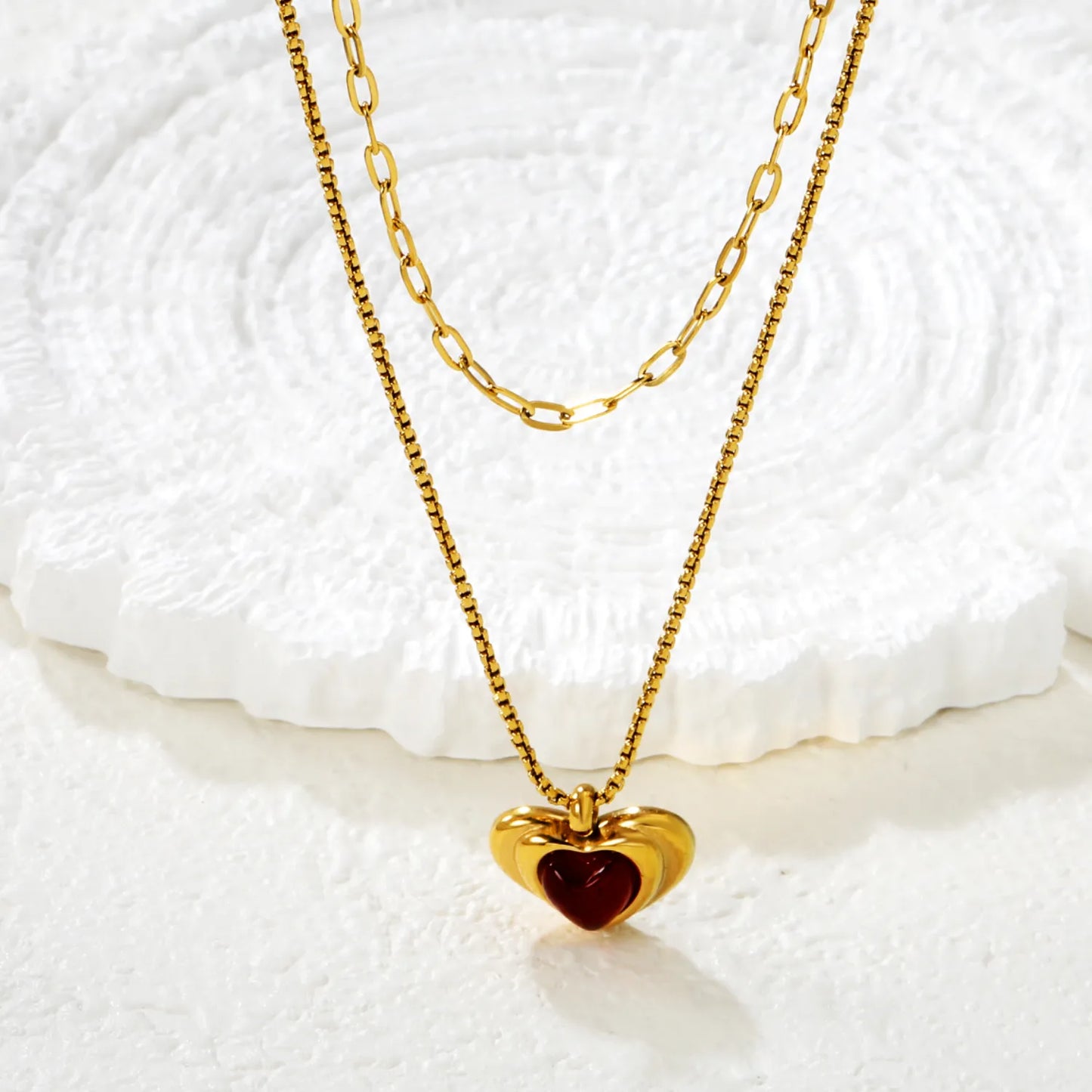 18K Gold Plated Double Layer Heart Pendant Necklace (Black/Red Heart) | Wholesale MOQ 12