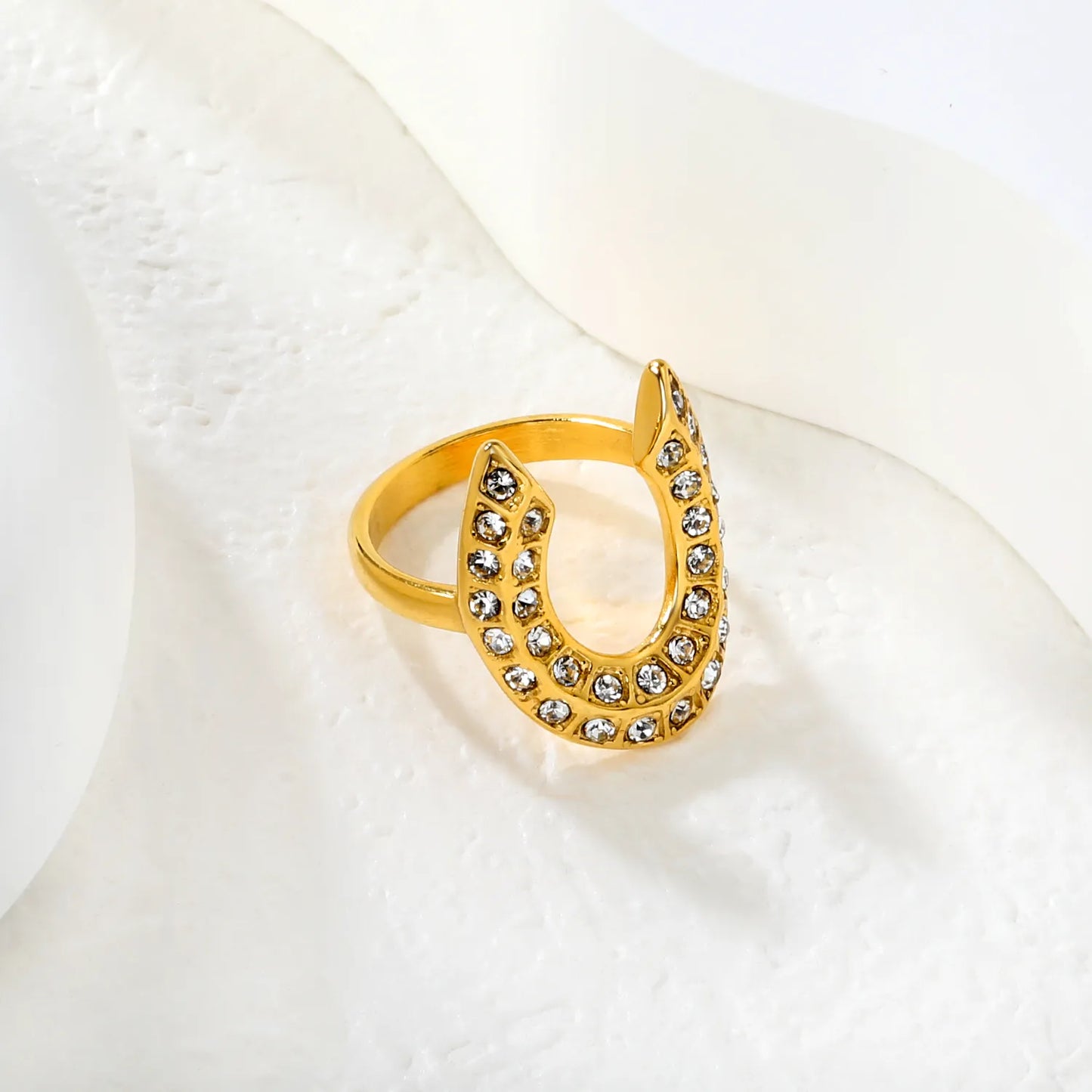 Statement Band Ring with Fully Crystal-paved Horseshoe Motif | 18K Gold Plated | Sizes 8 | MOQ 12